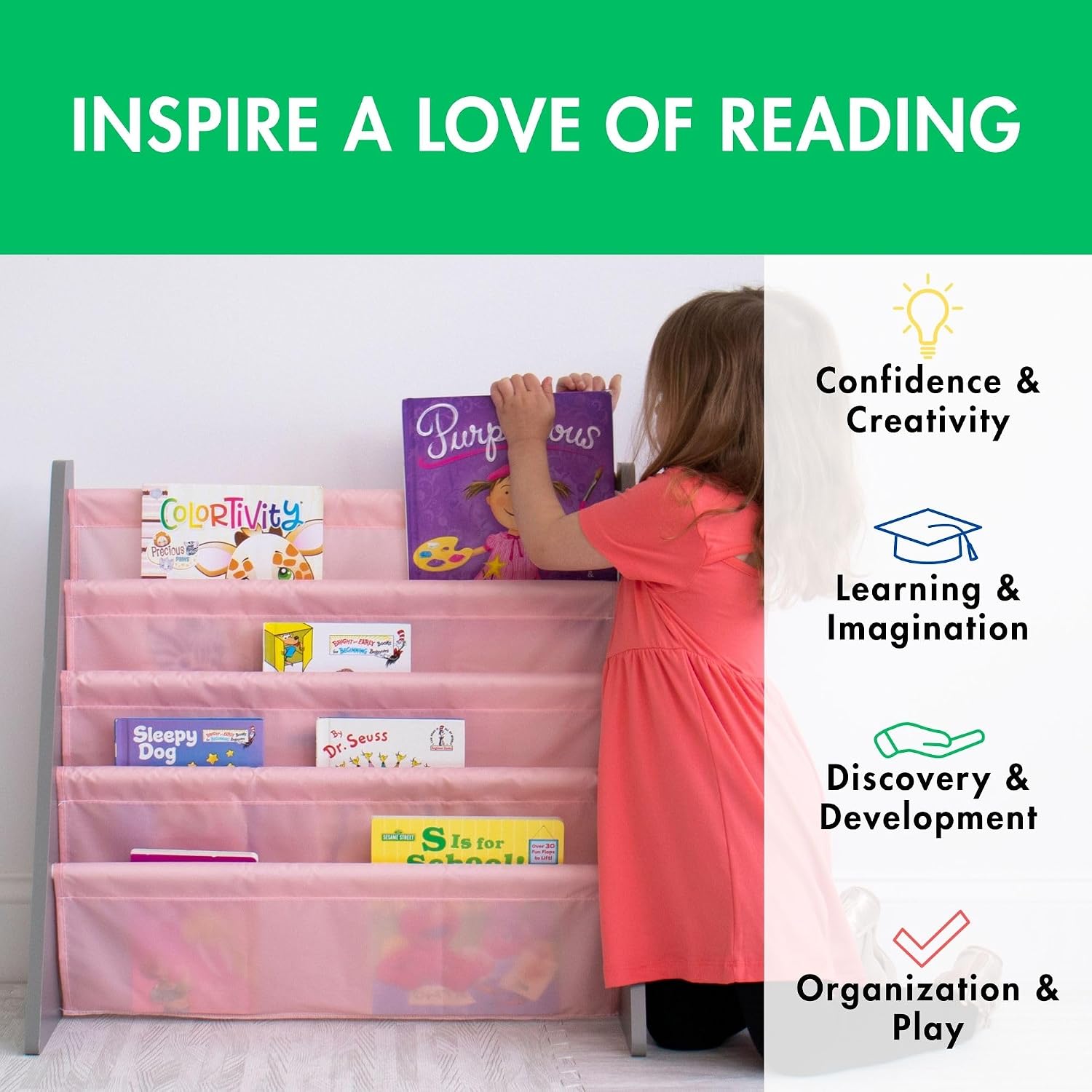 Humble Crew Kids Bookshelf, Montessori Front Facing Toddler Bookcase 4 Tier | Book display rack and reading nook organizer, nylon pockets show covers face out, compact for any playroom or bedroom space