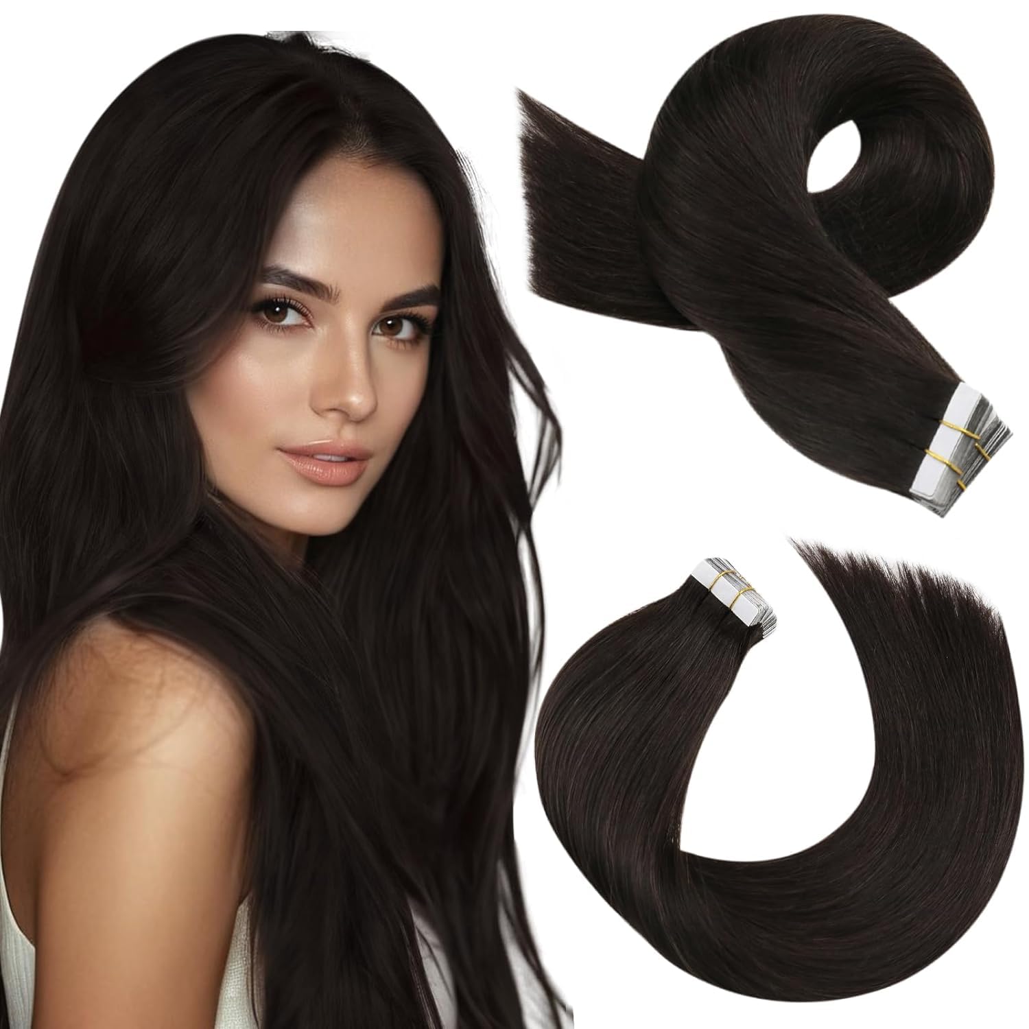 Moresoo Black Tape in Hair Extensions Human Hair, 18 Inch, 20Pcs, 50g