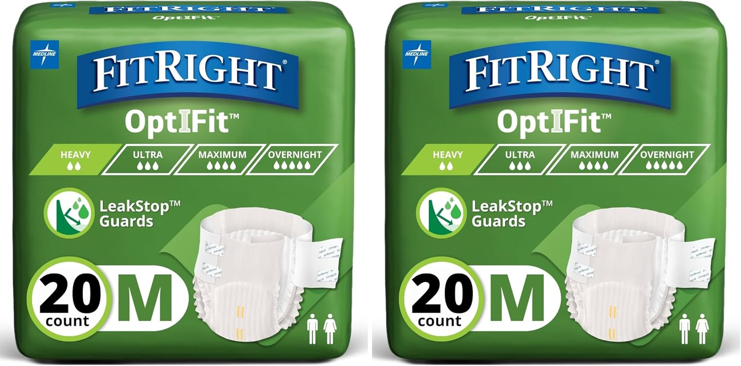 FitRight Adult Diapers, Extra+ Heavy Absorbency, M (Waist Size 32in-44in), 80 Count, OptiFit Incontinence Briefs for Men and Women, Disposable, Moisture-Wicking, Leak Protection,