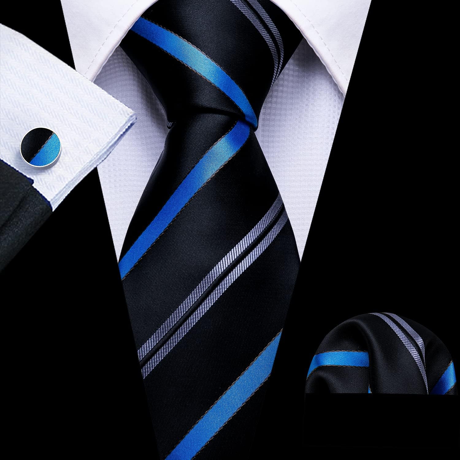 Barry.Wang Plaid Ties for Men Silk Necktie Handkerchief Cuff Links Set