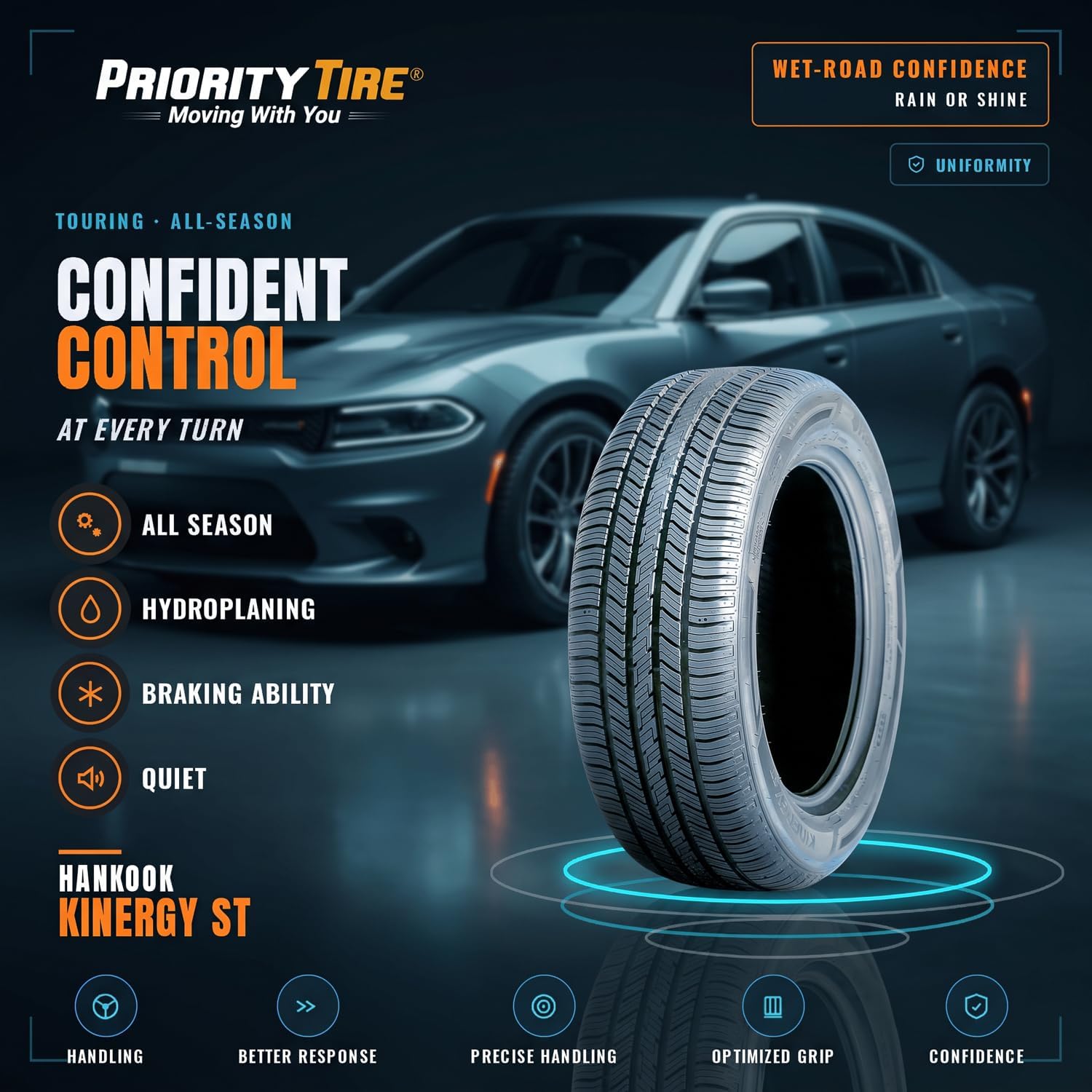 Hankook Kinergy ST (H735) 215/70R15 98T | Passenger Touring All Season Traction 98T Rated Standard Load Radial Construction Black Sidewall Tire