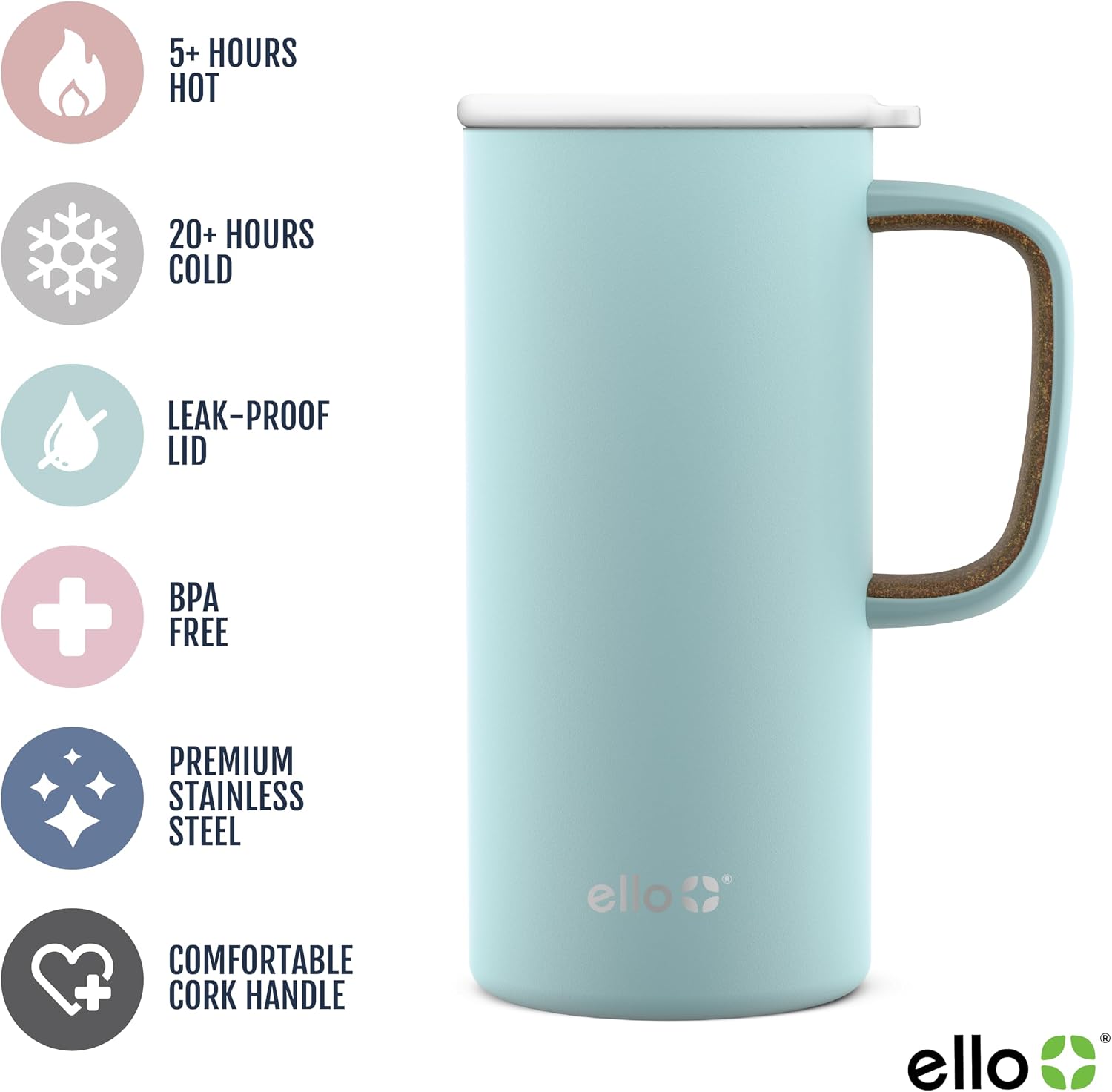 Ello Campy 18oz Insulated Stainless Steel Travel Mug with Handle, Avalon Sea