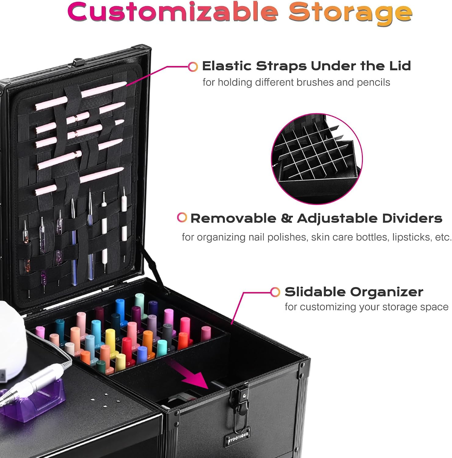 BYOOTIQUE Portable Nail Desk with 4 Storage Drawer Rolling Manicure Table