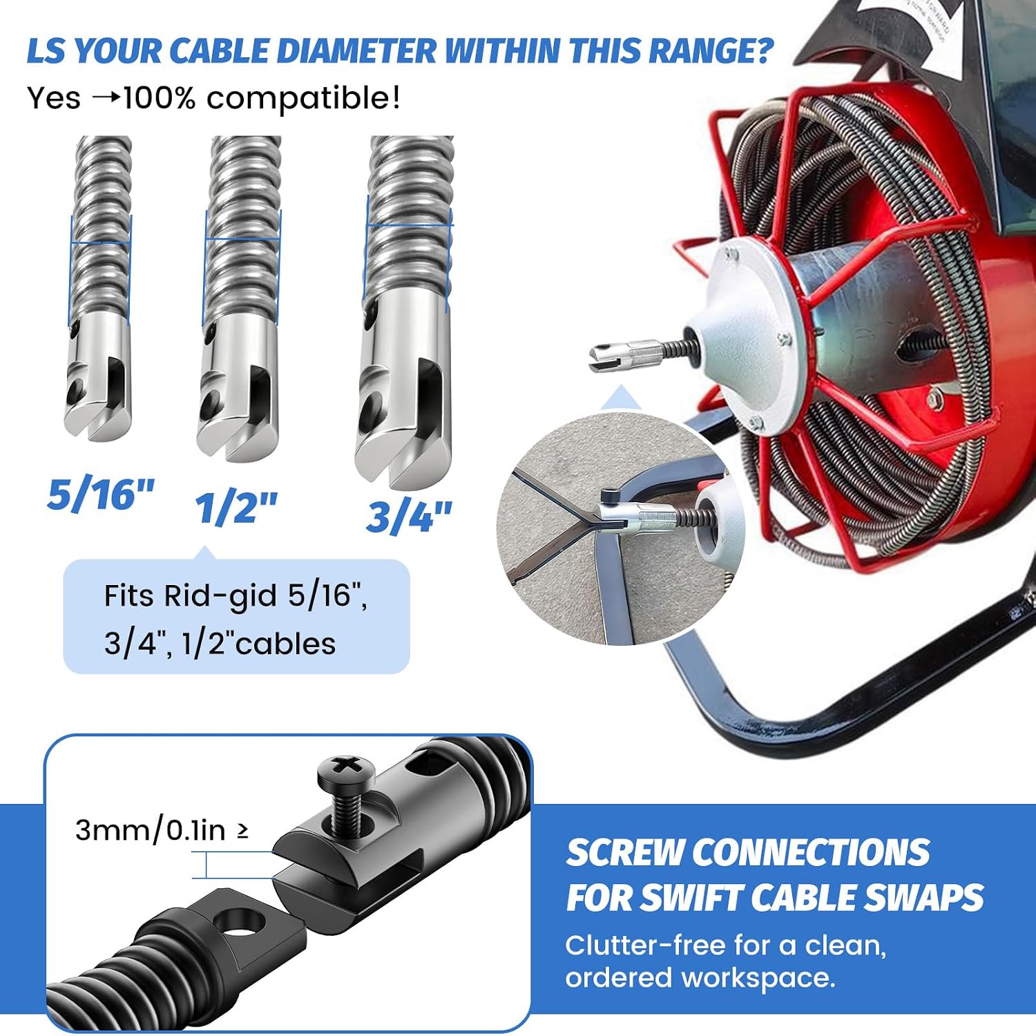 9-Piece Drain Snake Drill Attachment Kit, Drain Auger Replacement Heads with Hex Wrench for 5/16in-3/4in Cable, Fits 50ft-100ft Machines