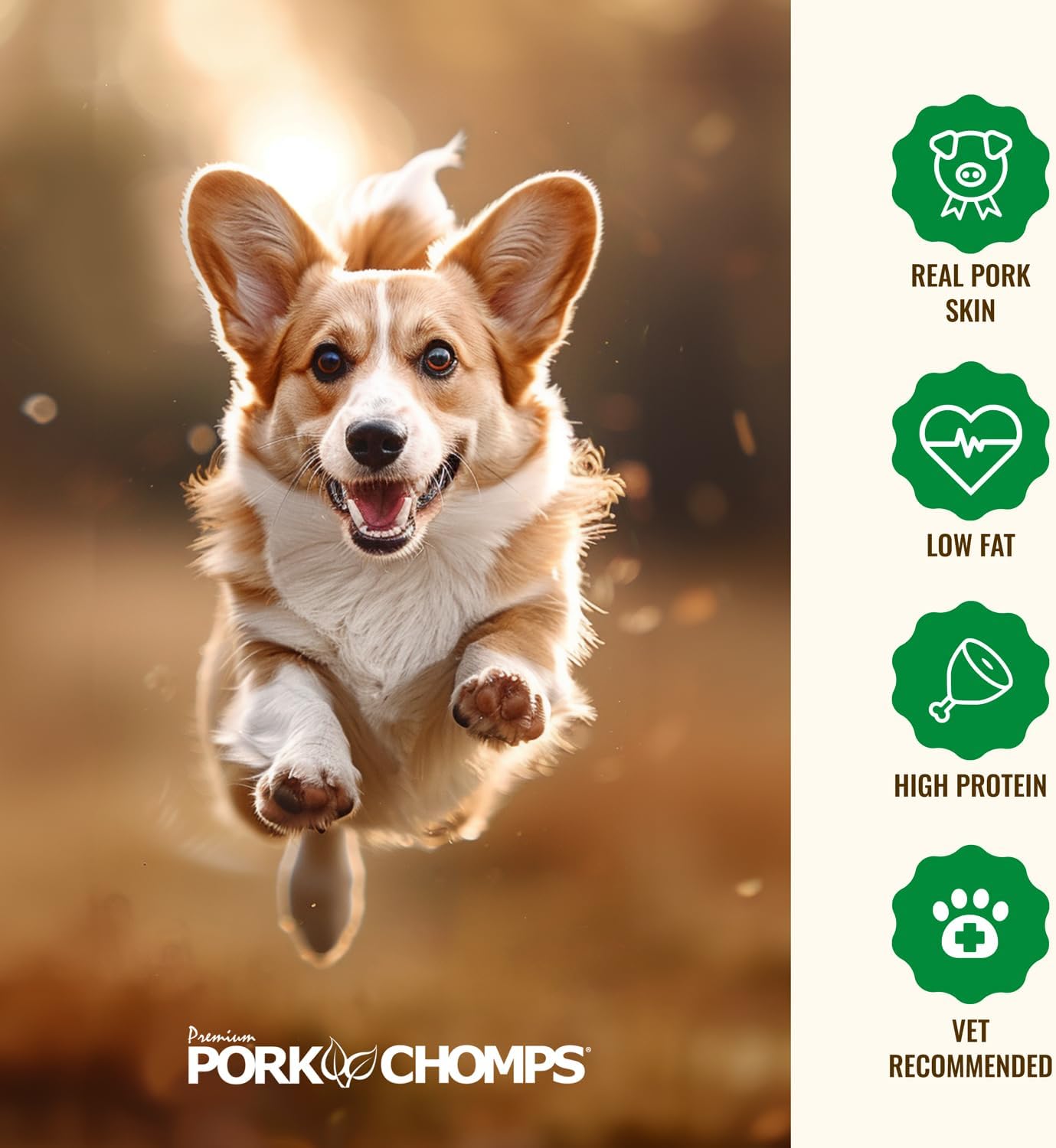 Pork Chomps Dog Chews, 5 in Munchy Sticks, Assorted Flavors, 50 Count | Oven-baked from real pork skin - a rawhide-free chew that's low in fat, high in protein, and easy to digest
