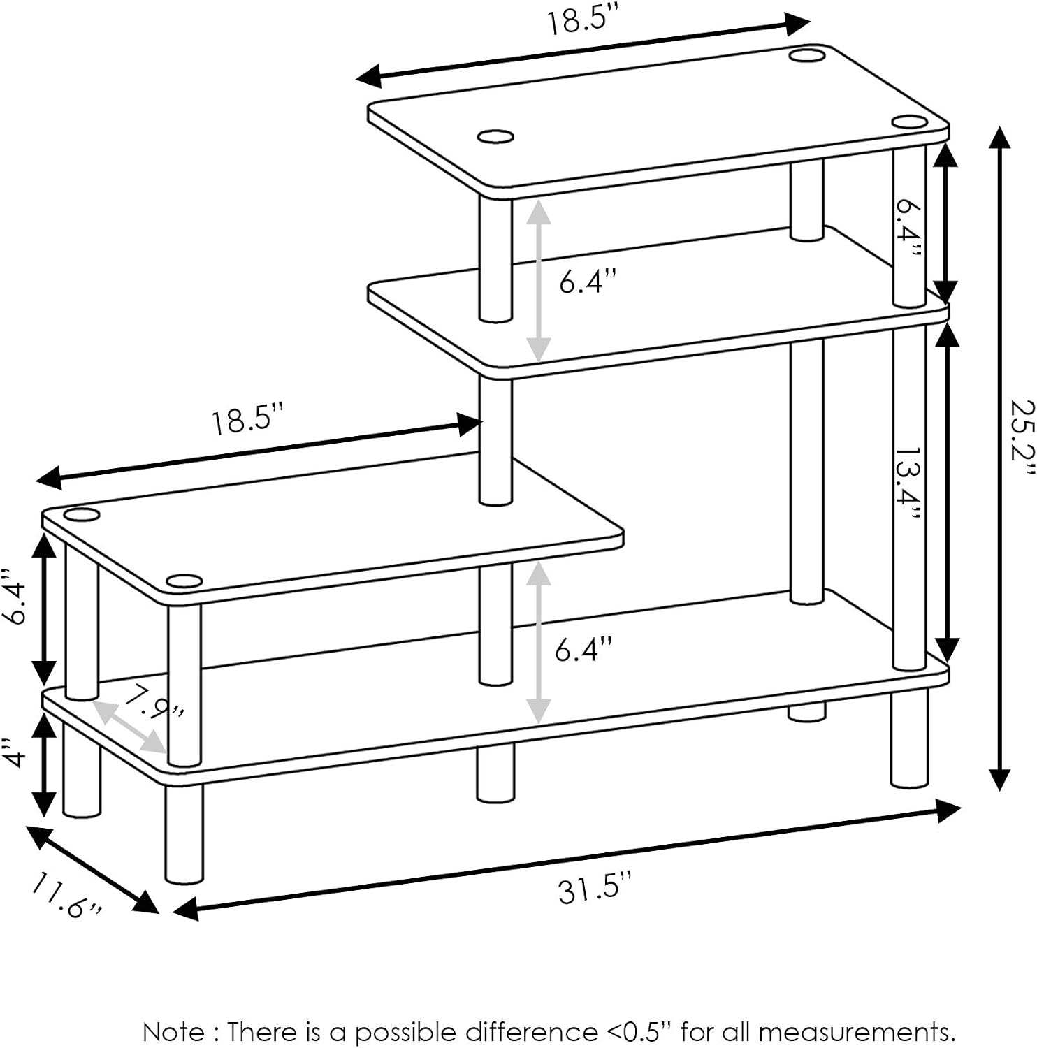 Furinno TURN-N-TUBE Storage Shelves, 3-Tier 47.4 Wide Book Shelf, Corner Shelf, Toolless Open Shelves, for Organization and Storage, Living Room, Garage, Home Office, Black