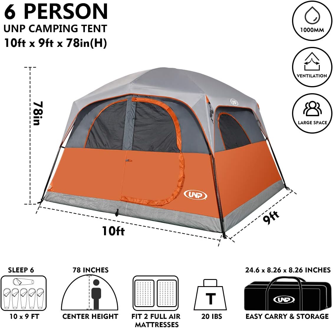 UNP 6 Person Tents for Camping Waterproof Family Cabin Tent with Rainfly