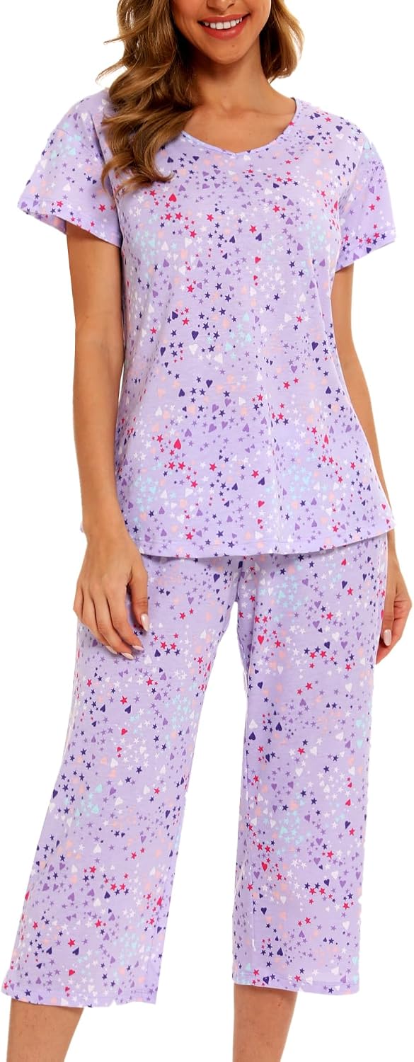 ENJOYNIGHT Womens Pajama Set Cotton Summer Pj Top with Capri Pant Sleepwear