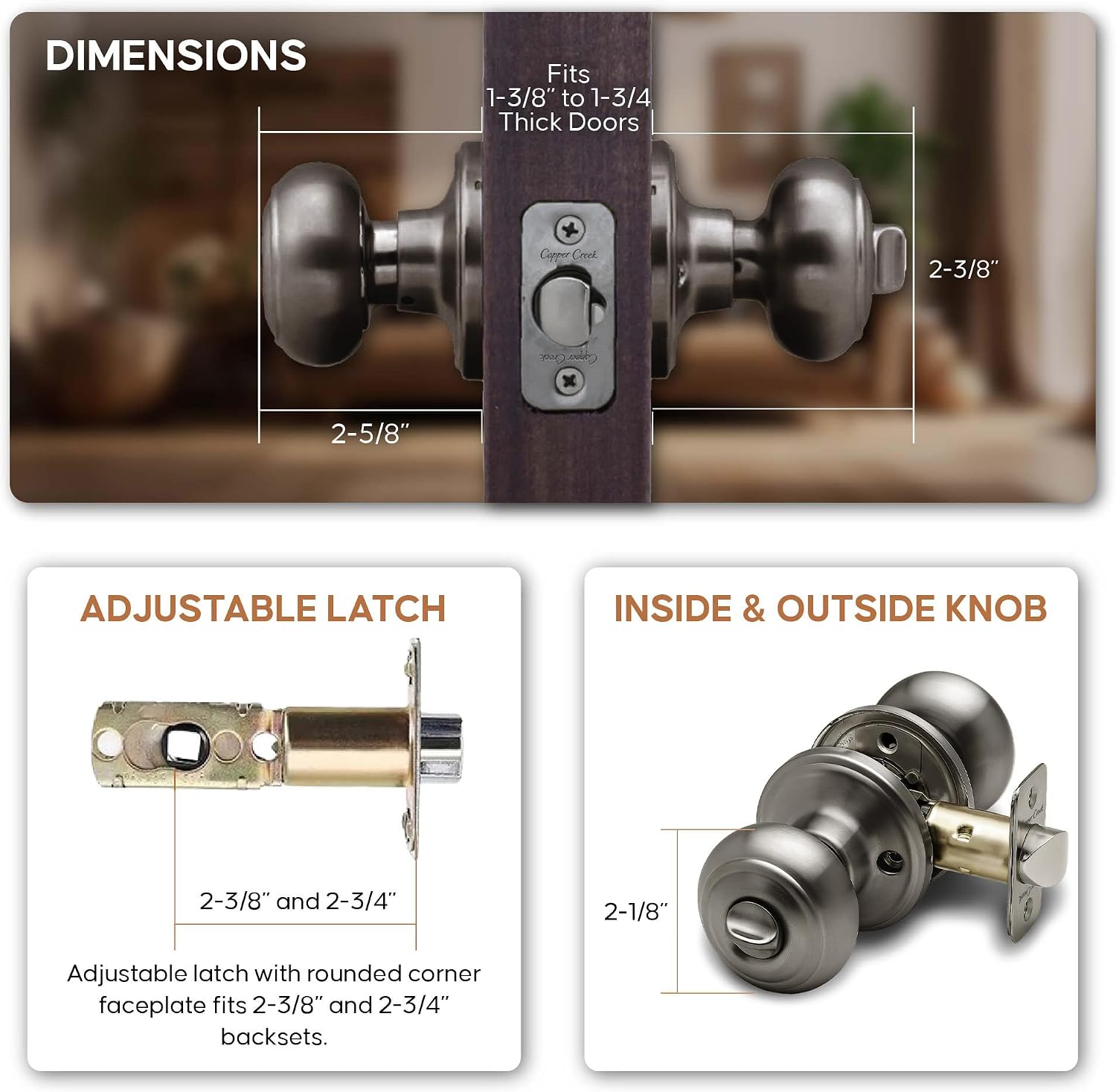 Copper Creek Colonial Privacy Interior Door Knob – ANSI Grade-3 Certified, Modern Heavy Duty Handle, Easy Install and Reversible for Bedroom, Bathroom and Closets – Satin Stainless (1 Pack)