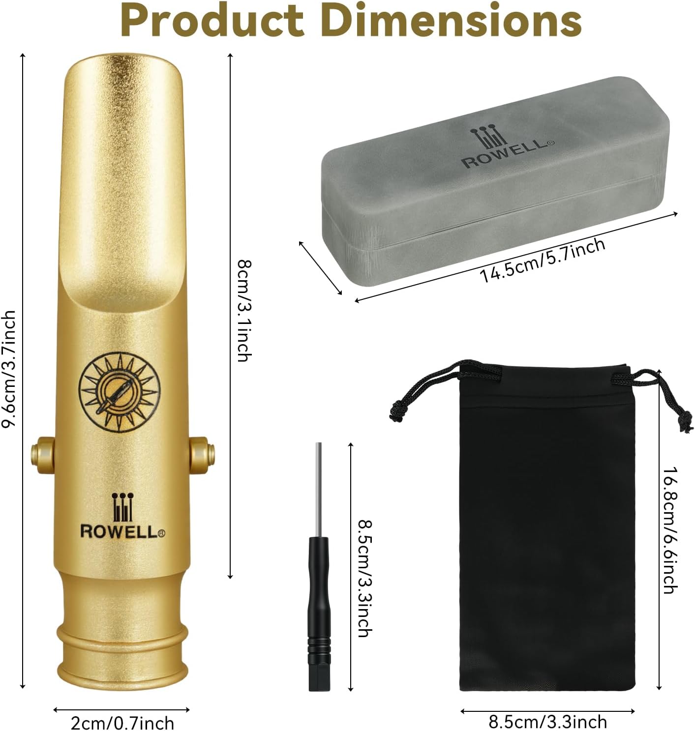 ROWELL Tenor Saxophone Metal Mouthpiece Jazz Sax Mouthpiece- 5-Level Adjustable Ligature & Protective Cap Full Tone for Jazz & Concert Band