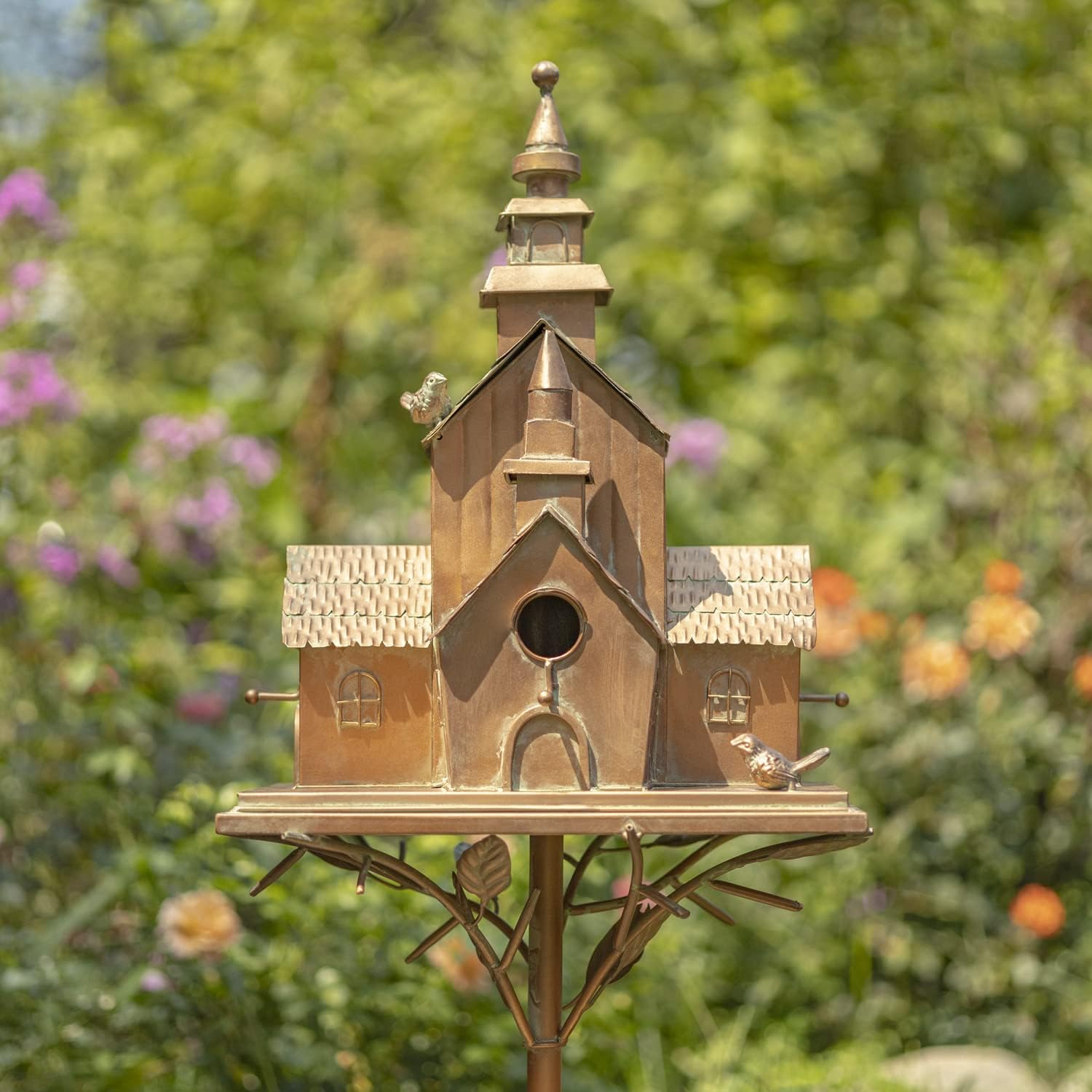 Large Copper Colored Multi-Birdhouse Stakes, Room for 4 Bird Families in Each (Cube Homes with Pyramid Roofs)