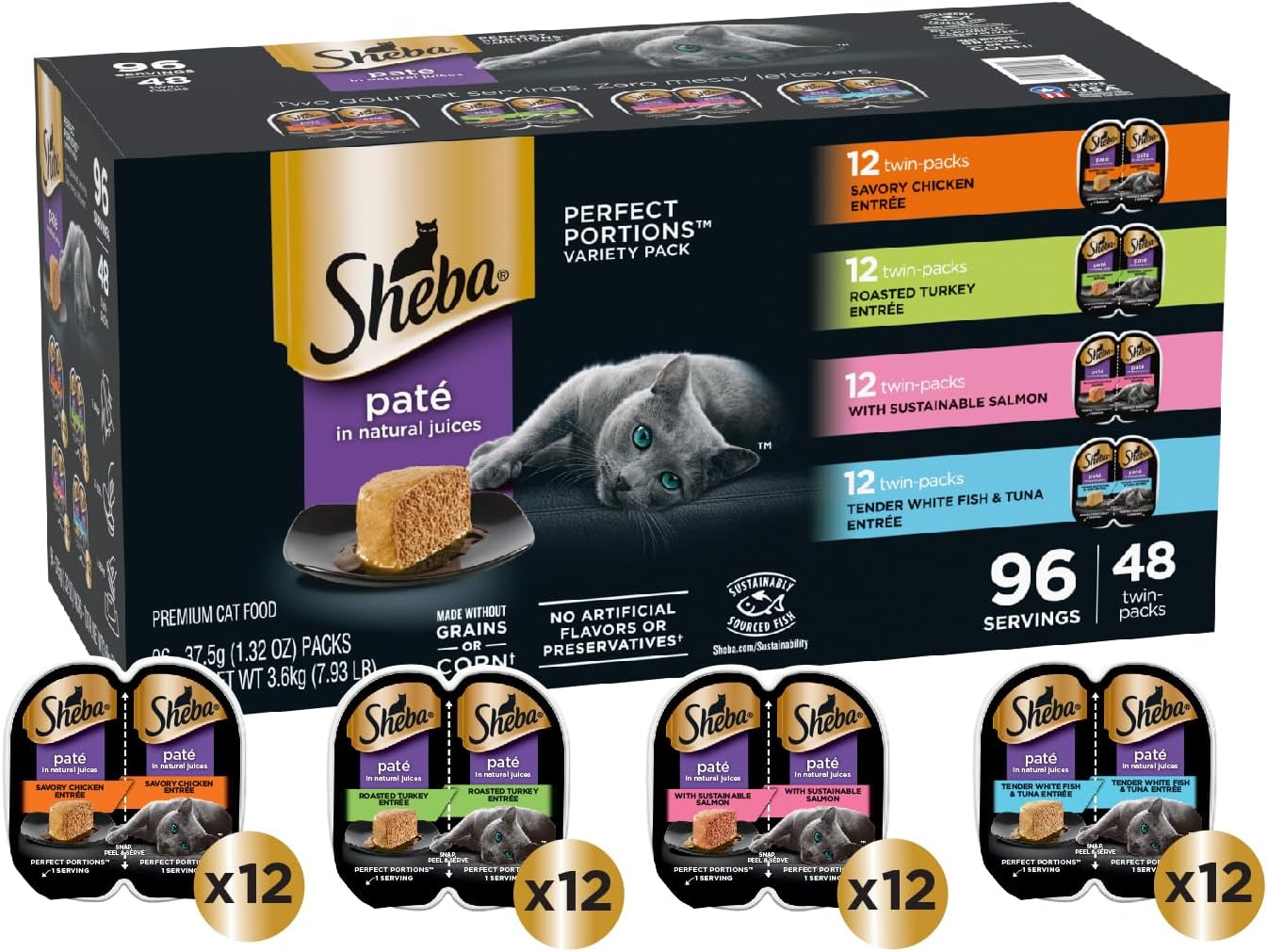 Sheba Perfect Portions Pate Wet Cat Food, Seafood Pack, 2.6 oz, 12 ct, 2pk | Grain-free, made in USA, Salmon & Whitefish-Tuna, 48 servings total, sustainable seafood, twin-pack trays