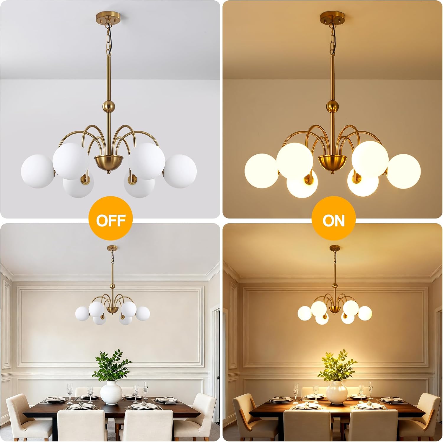 Vintage Brushed Gold Chandeliers for Dining Room Light Fixture, 6-Light Mid Century Milk Glass Globe Chandelier