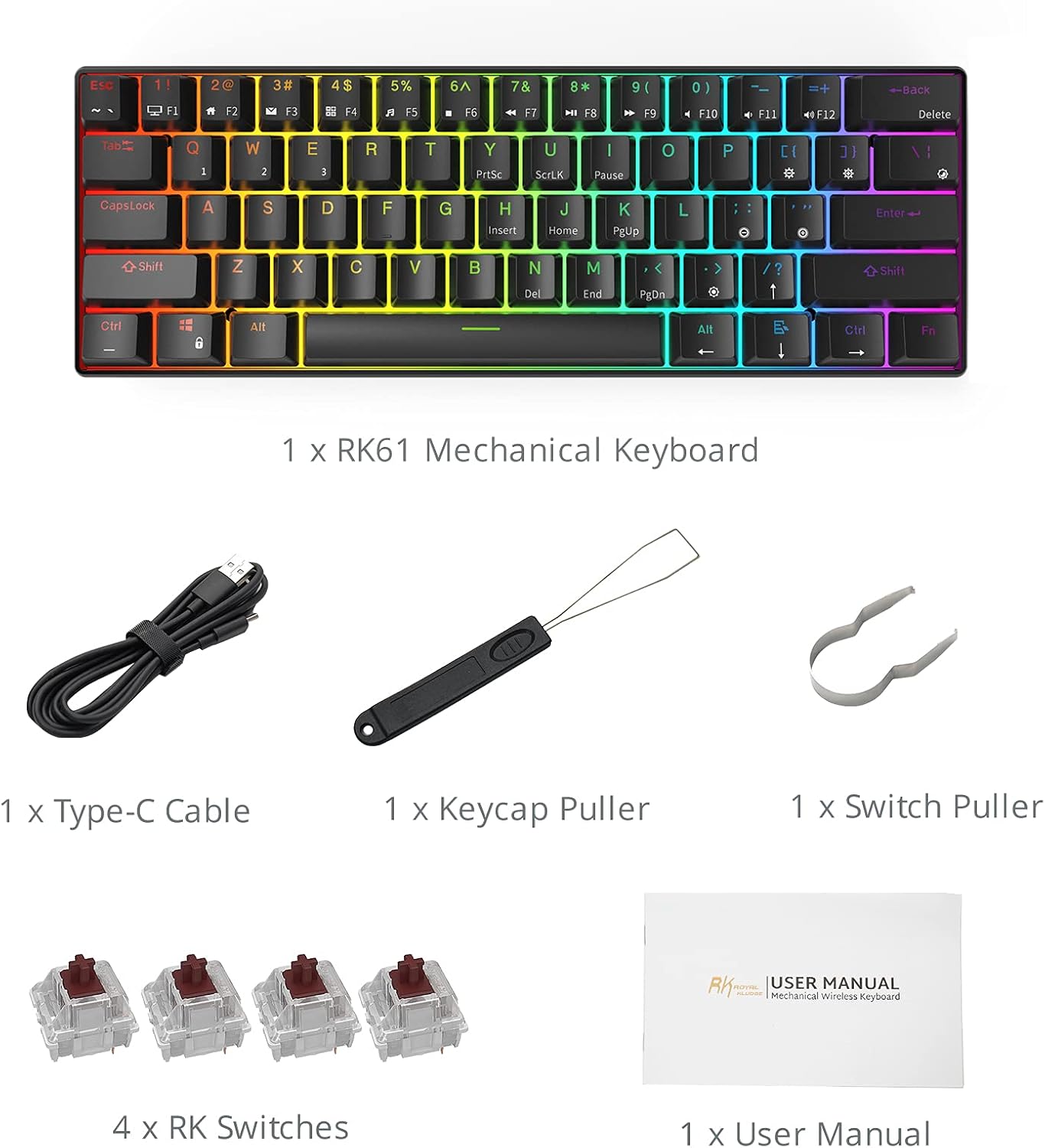RK ROYAL KLUDGE RK61 Wireless Mechanical Keyboard, 60% Percent RGB, White | Hot Swappable Gaming Keyboard with Bluetooth/2.4G/USB, 61 Keys Ultra-Compact for Win/Mac/PC, Coiled Cable, Linear Red Switch