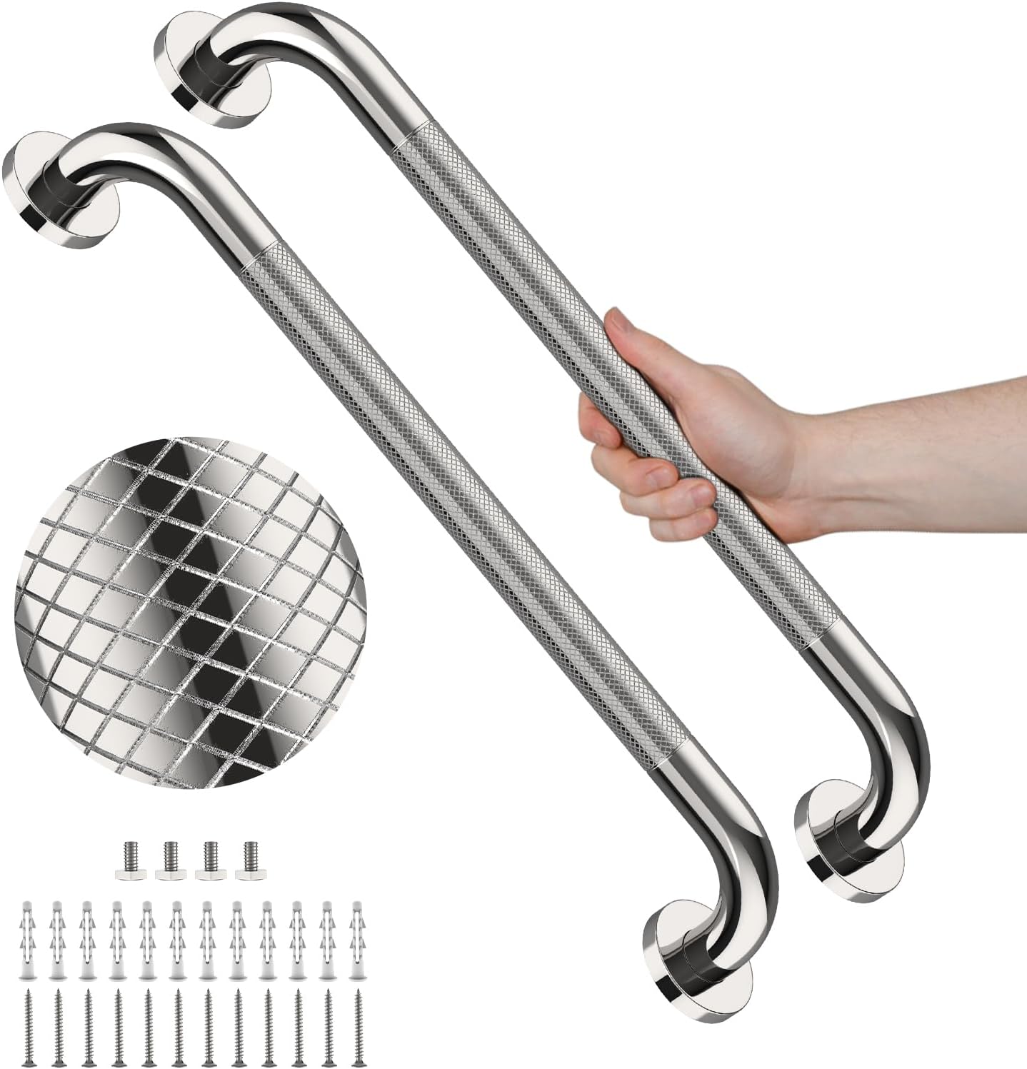 40 Inch Brushed Nickel Shower Grab Bar Anti-Slip Knurled Grip,Safety Handle | YuanDe 1.25" Diameter Stainless Steel Bathroom Grab Bars, Handicap Injury Elderly Senior Assist Support Shower Handle-2Packs