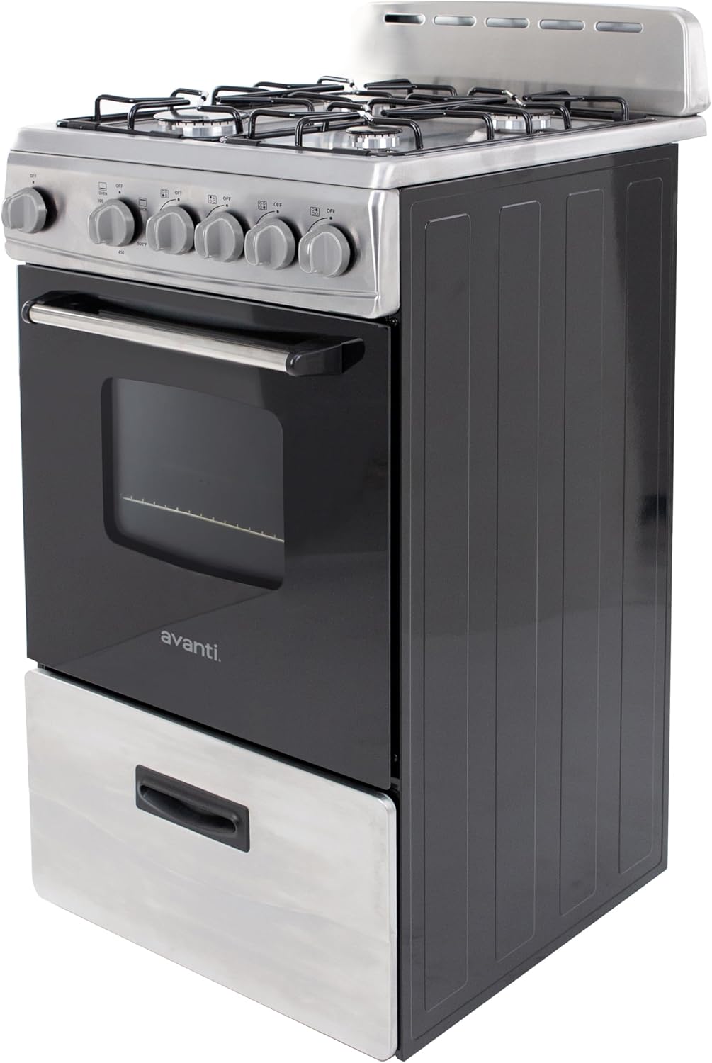 Avanti Compact Gas Range Oven, 4 Sealed Burners, 20-Inch, Stainless Steel | Avanti Compact Gas Range Oven, Freestanding with 4 Sealed Burners, Broiler with Pan, Storage Drawer, 20-Inch, Stainless Steel