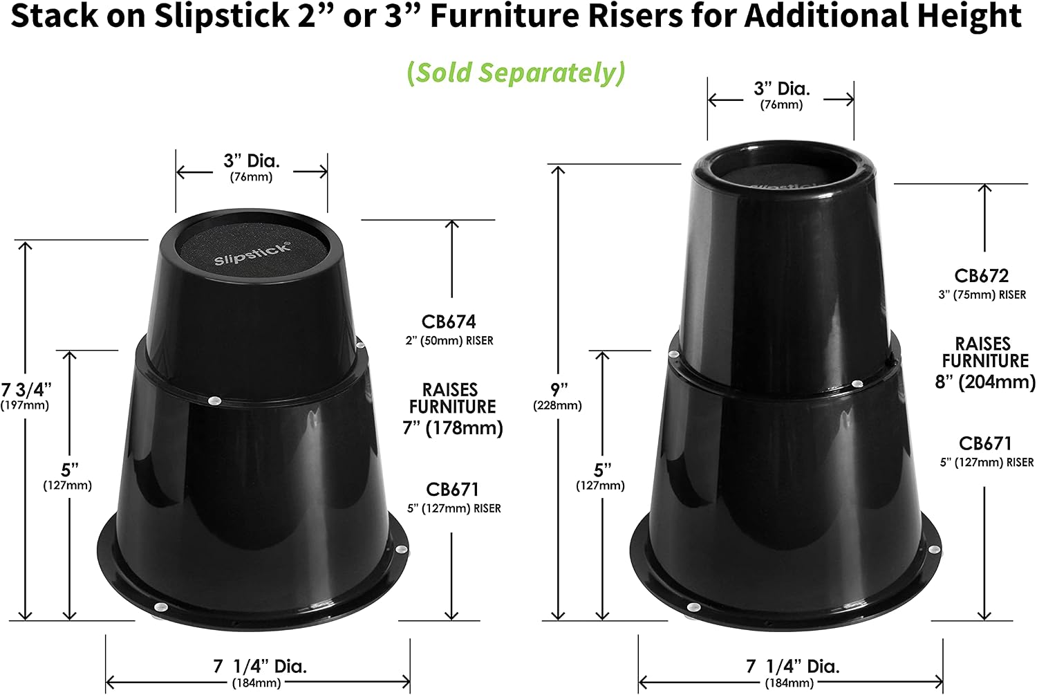 Slipstick CB672 Premium 3 Inch Bed Risers/Furniture Raisers with Steel Reinforced Caster Wheel Holder Top, Lifts Height 3" (4 Pack) Supports 2