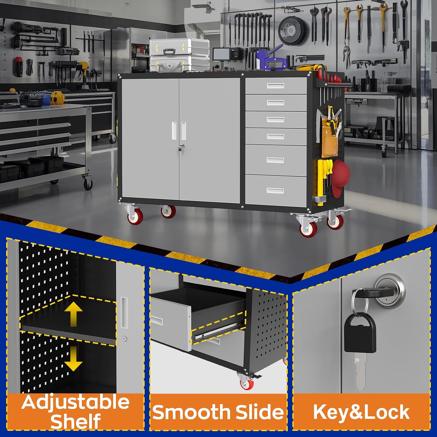 Eltean 55" W Rolling Workbench with 6 Drawers and Storage Cabinet, 1000 LB Capacity Heavy Duty Work Bench with Pegboard and Adjustable Shelf