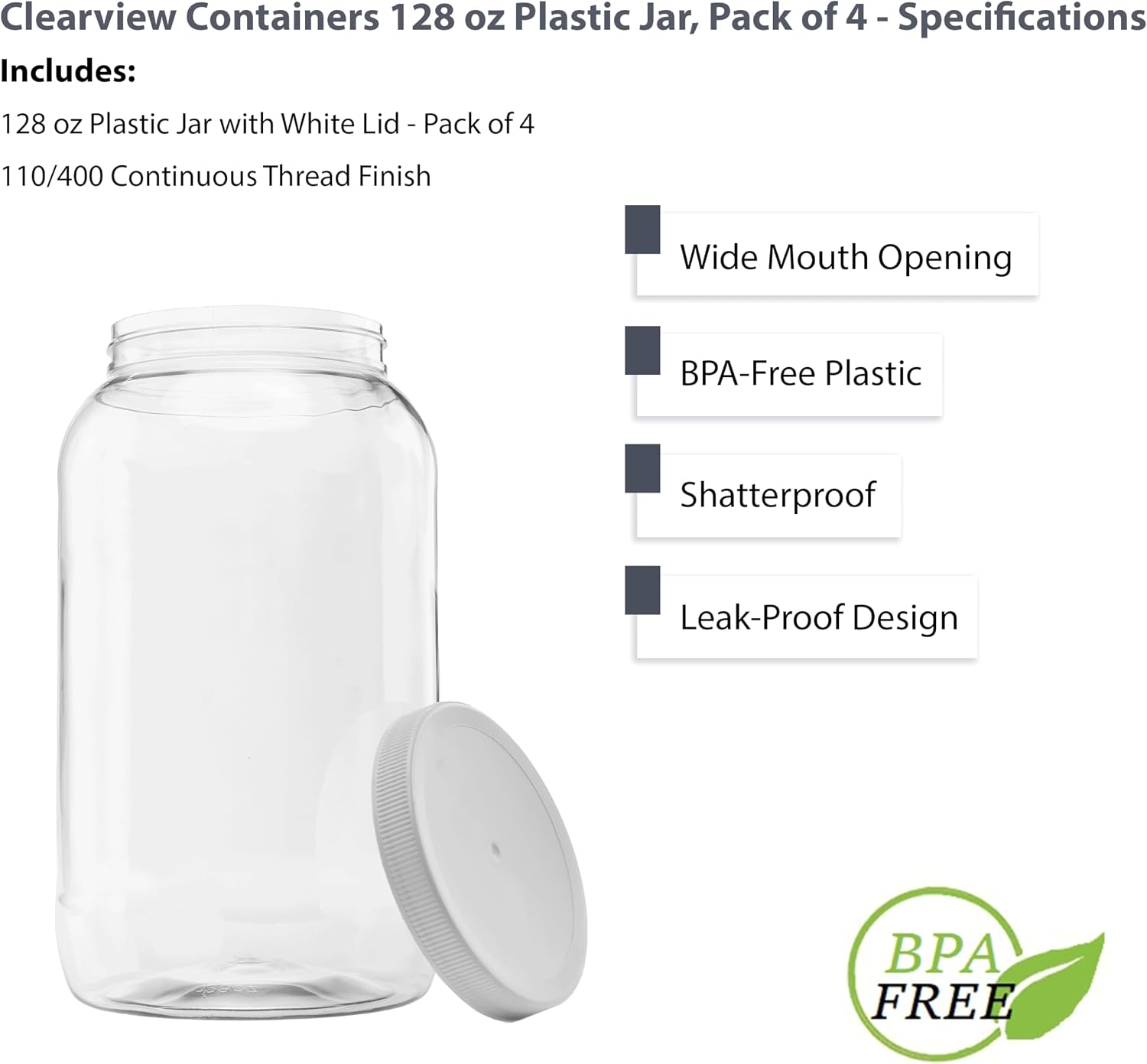 1 Pack - 128 oz (1 Gallon) Plastic Storage Jars with 110-400 Leak Proof Black Lids, Food Grade, BPA Free, Hand Wash Only (128oz, BLK, 1PK)