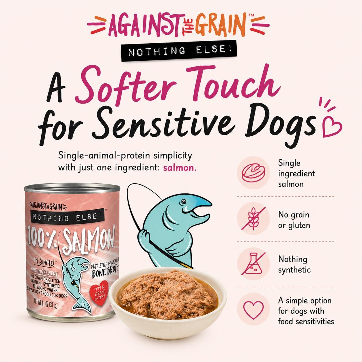 Against The Grain Nothing Else! 100% Salmon Dog Food – 12 Count, 11 oz Each – Single-Ingredient Meatball Texture in Natural Broth – Wet Dog Food – Grain & Gluten Free