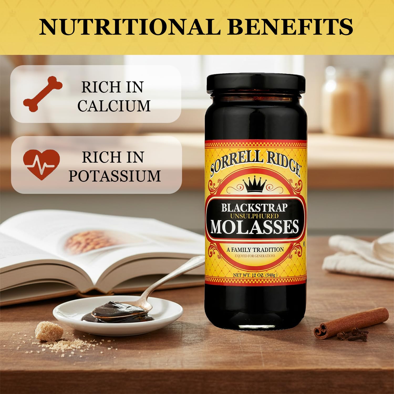 Sorrell Ridge Blackstrap Molasses 12 oz Jar | Unsulphured, Rich Robust Flavor, Good Source of Calcium & Potassium; Classic Baking Sweetener for Cookies