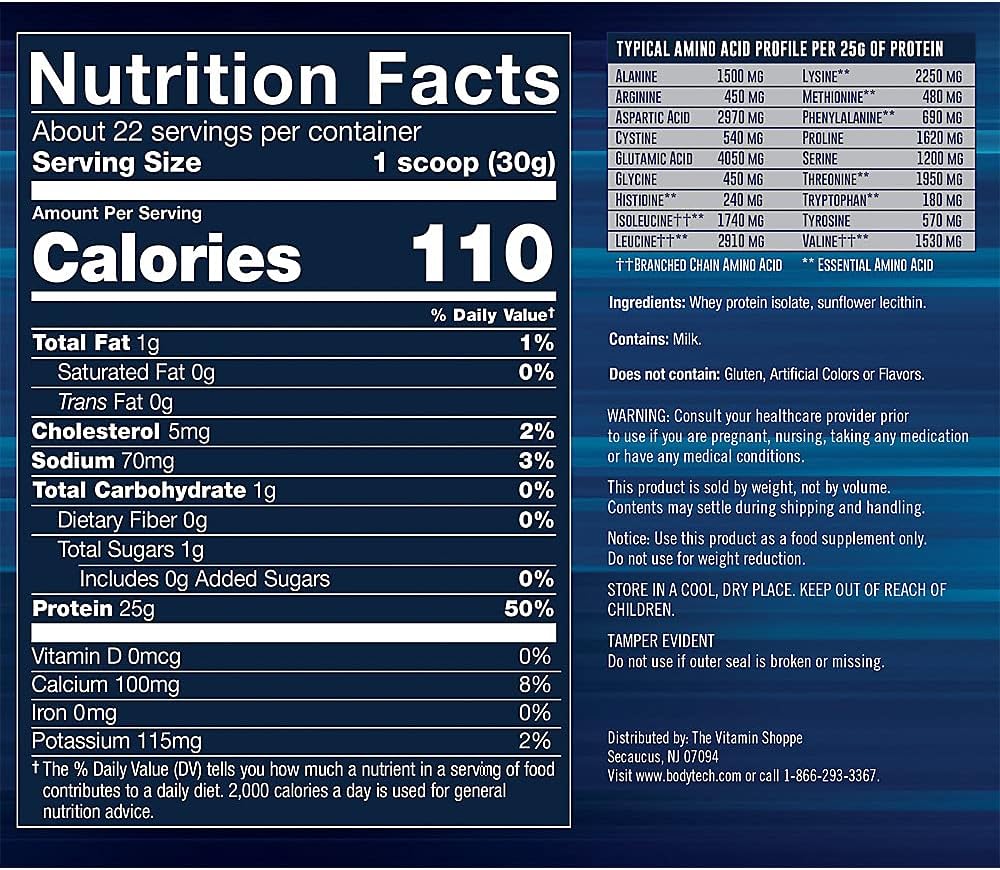 BodyTech Whey Protein Isolate Powder, French Vanilla, 1.5 LB, 23 Servings | 25G Protein per Serving, High Concentrated Protein Powder With Amino Acids & BCAAs for Men and Women, Gluten Free