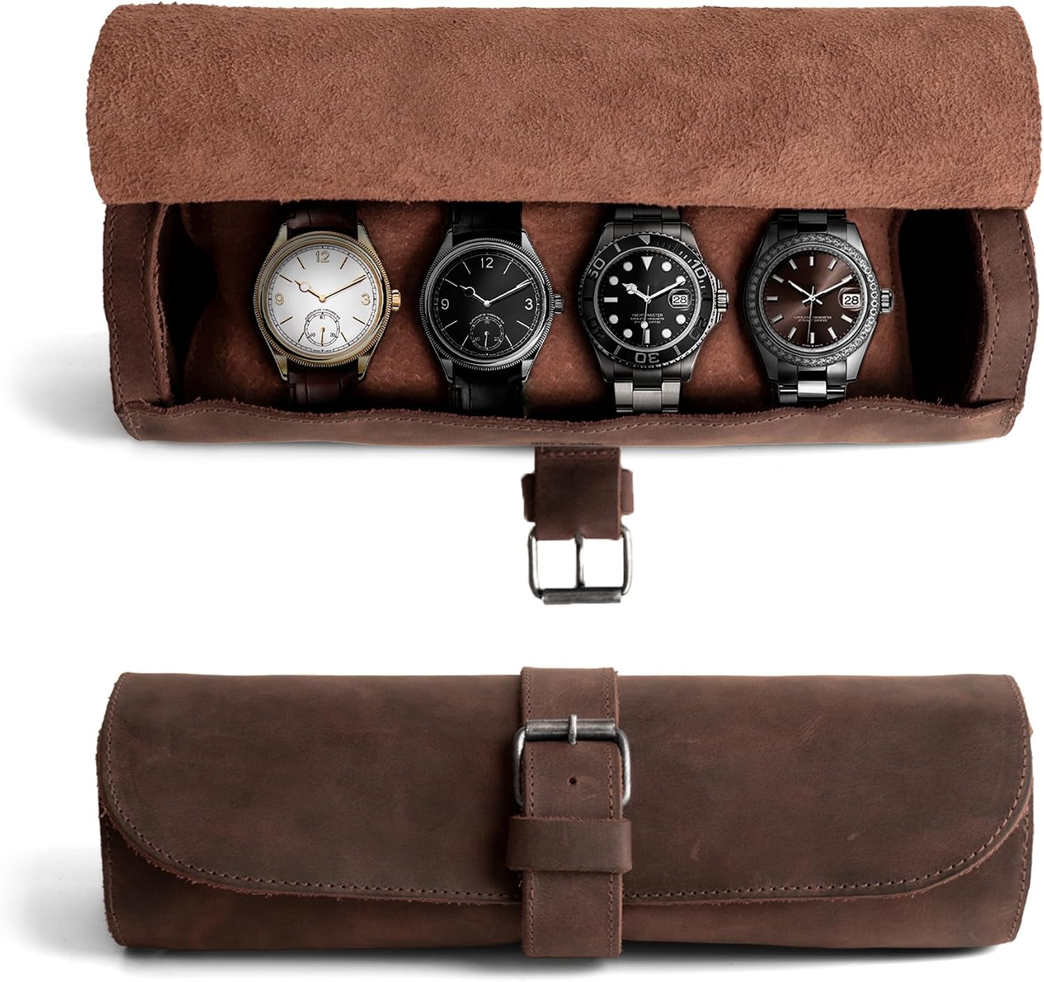 Hide & Drink, Cylinder Watch Case, Holds 4 Watches, Storage Box, Jewelry Roll Organizer, Travel Accessories, Full Grain Leather, Handmade