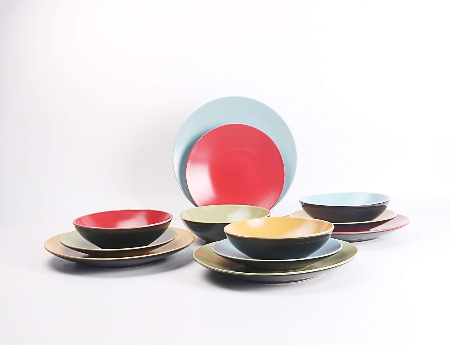 Stoneware Two-Tone Colors Life 16pc Dinner Set，Outside Shiny Black + Inside Matte Glaze Olive
