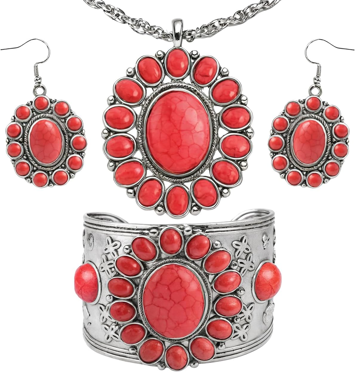 Shop LC Howlite Western Jewelry Set for Women Boho Cowgirl | 3-Piece Necklace Bracelet Earrings, Turquoise-Inspired, Chunky Statement, Southwestern