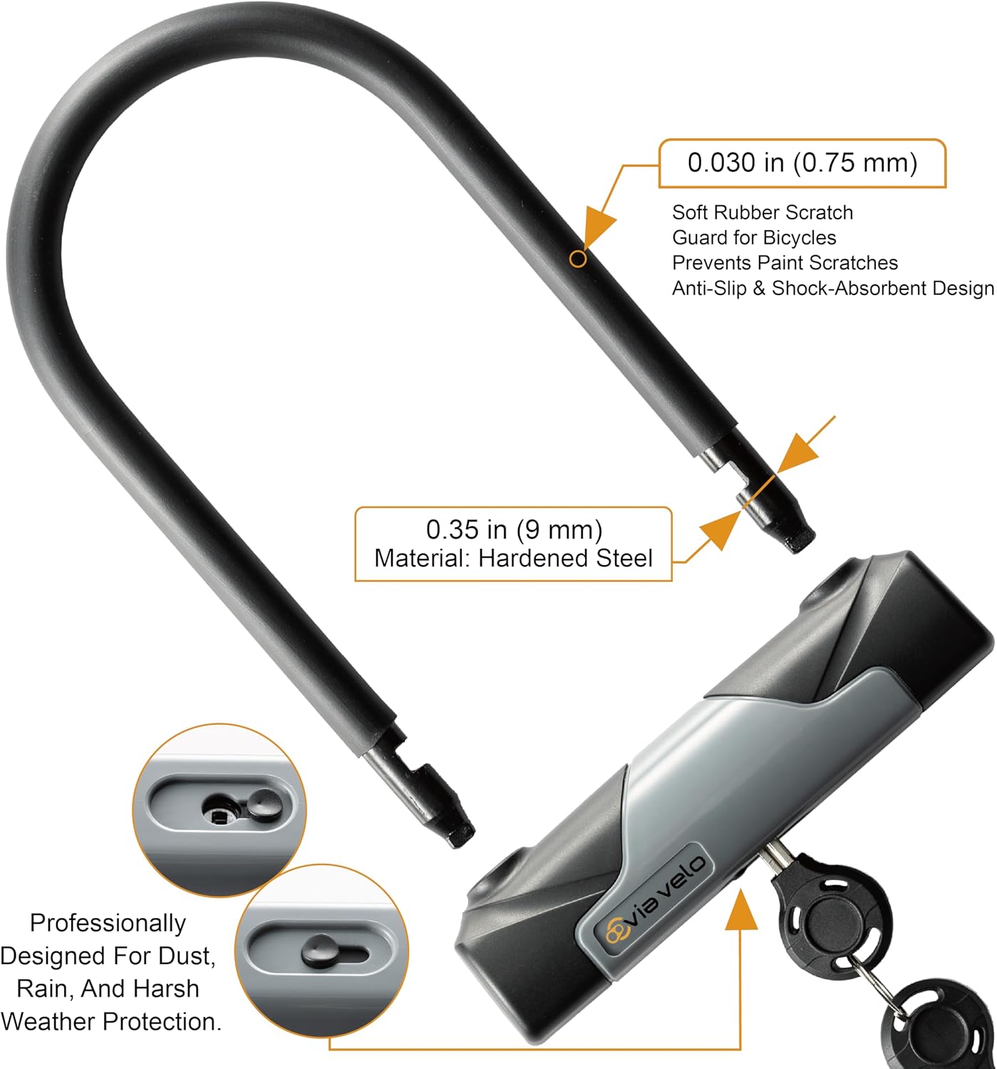 Bike U Lock with Cable - Via Velo Heavy Duty Bicycle U-Lock,14mm Shackle and 10mm x1.8m Cable with Mounting Bracket for Road, Mountain, Electric & Folding Bike