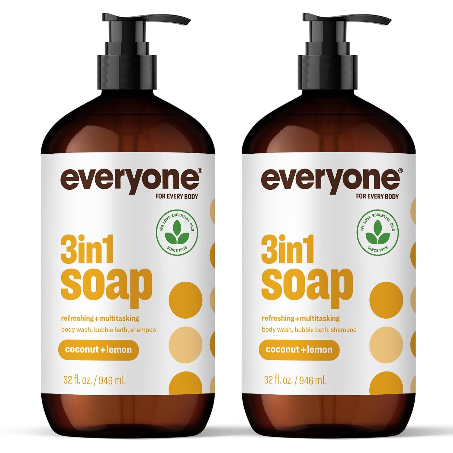 Everyone 3-in-1 Soap Body Wash Bubble Bath Shampoo Coconut Lemon 32oz 2pk | Natural essential oil formula | body wash | shampoo | bubble bath in one | coconut lemon scent | bulk value 2-pack