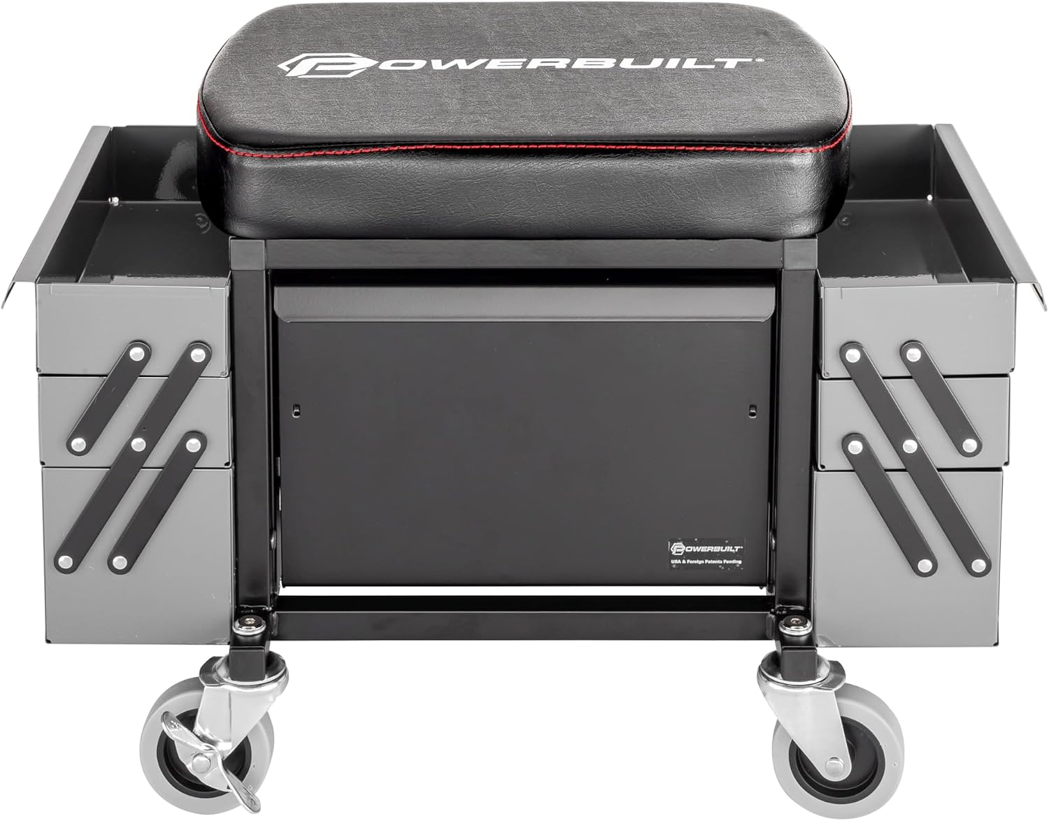 Powerbuilt 42-Inch Triplex Folding Creeper, Rolling Seat, and Brake Stool, All-in-One Adjustable Roller Garage Chair, Lay Down or Sit, Black 620469