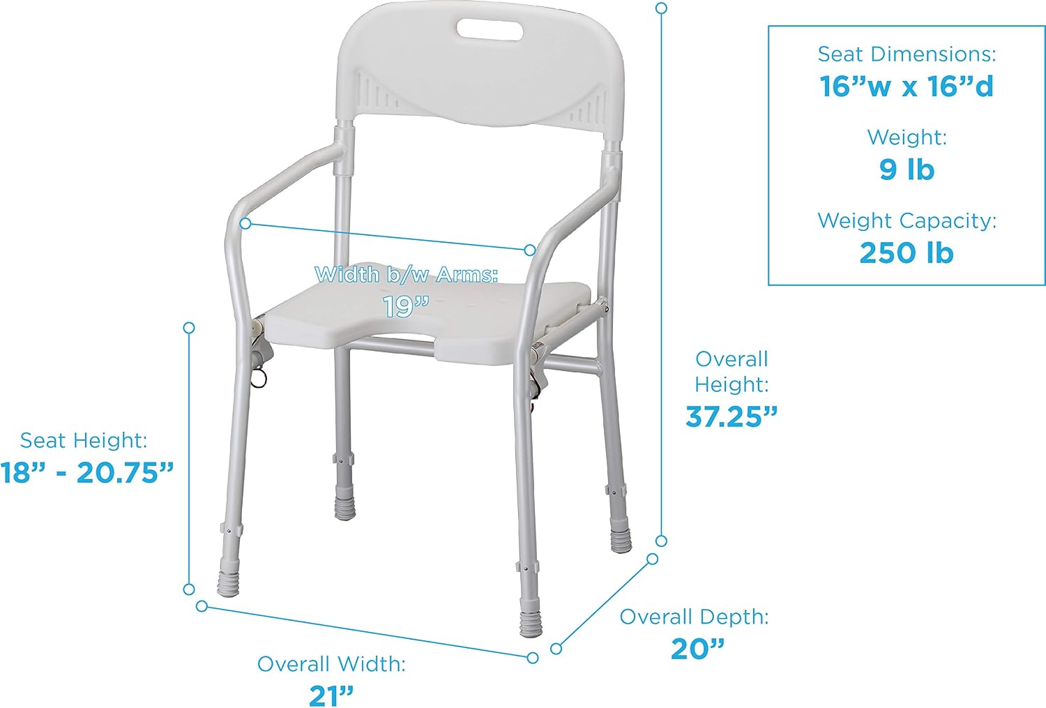 NOVA Medical Products Foldable Bath and Shower Chair with Arms and Back, U Shaped Front Design for Hygienic Cleaning, Seat Height Adjustable