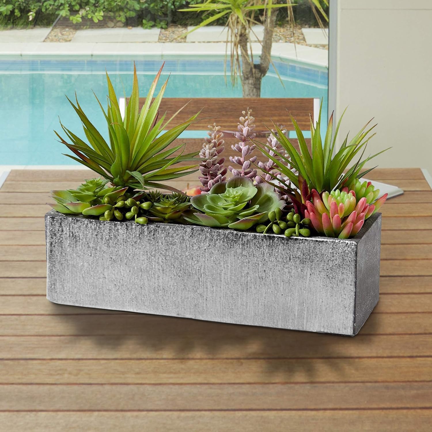 WGVI Long Rectangle Ceramic Planter Vase in White 14" x 4" x 4"H, Rectangular Box Block Terrarium Pot, Flower Arrangement, Tabletop Centerpiece