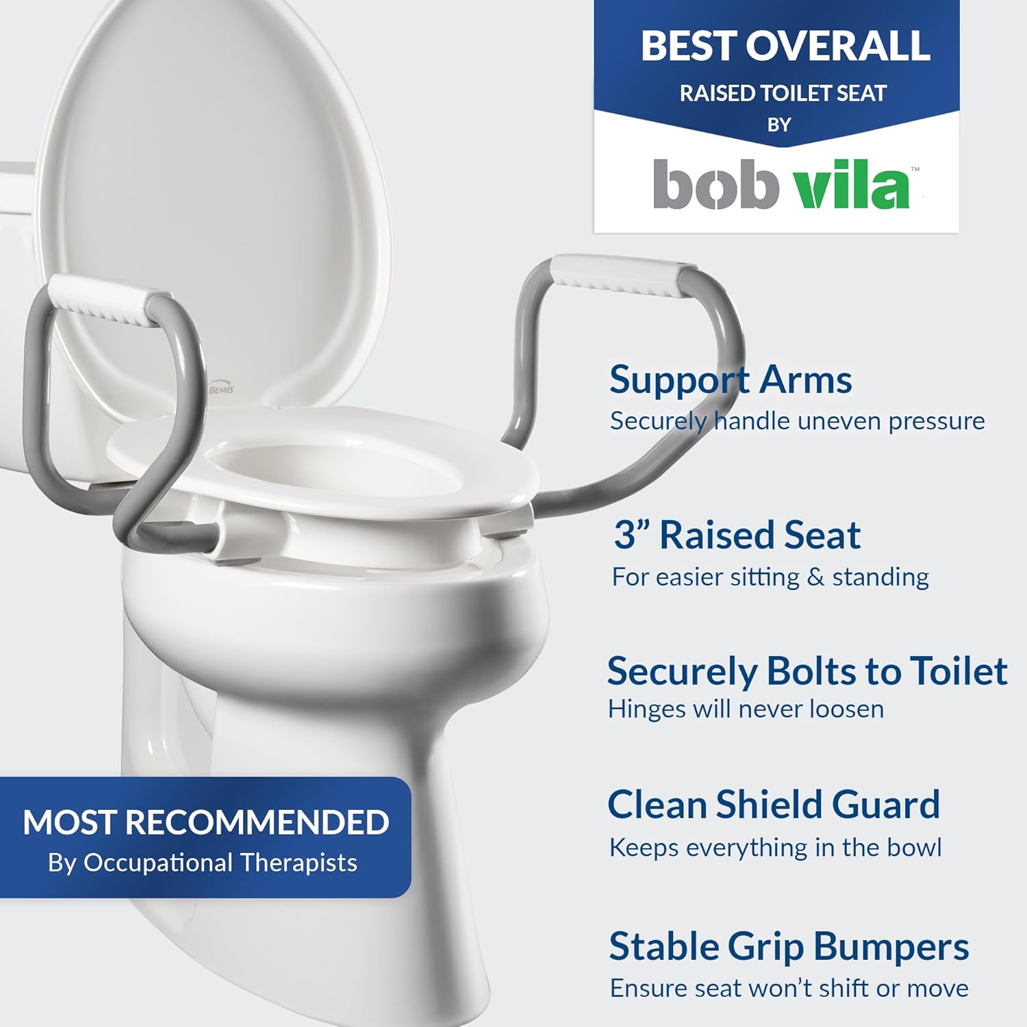 Bemis Assurance 3" Raised Toilet Seat for Seniors, Therapist Preferred for Safety, Secure Hinges, Clean Shield Guard, Elongated, White