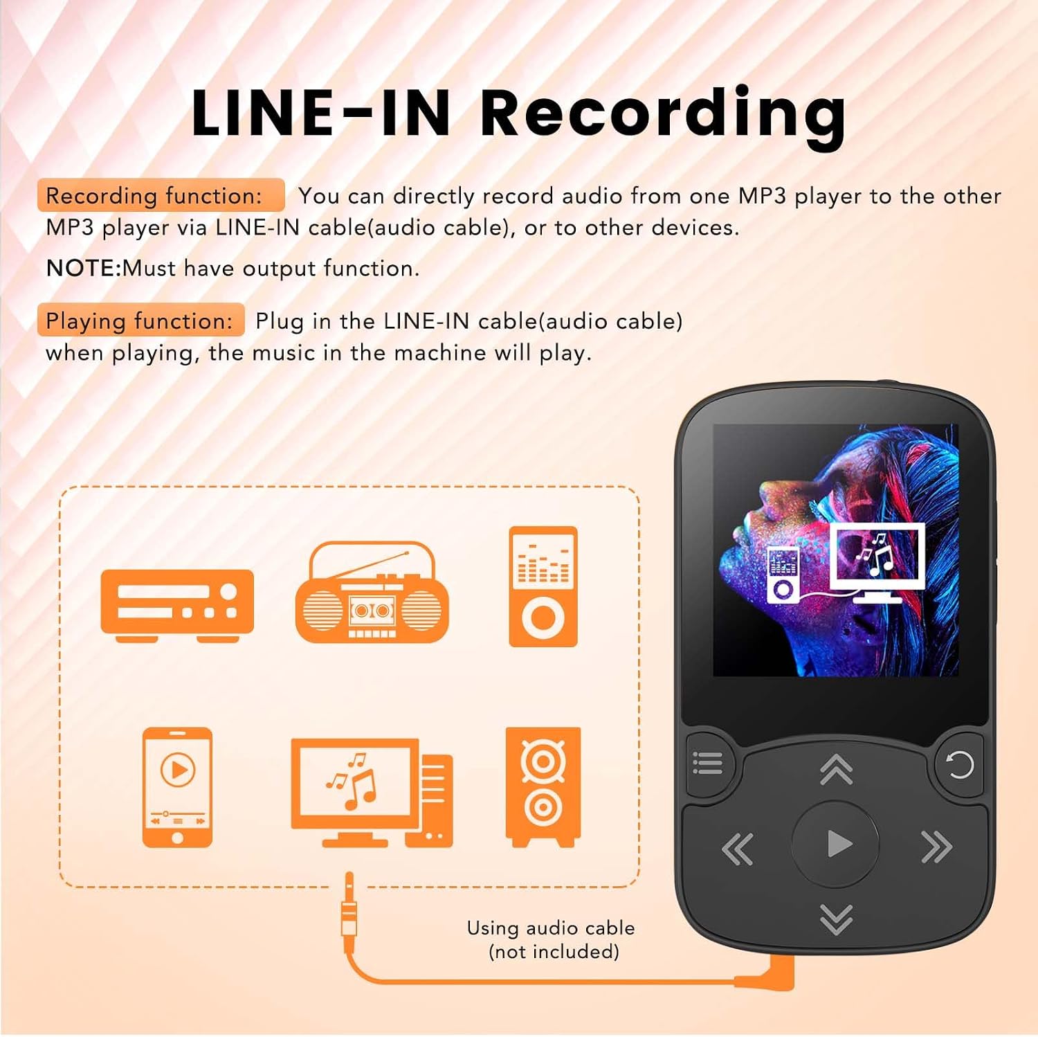 AGPTEK 64GB MP3 Player with Clip, A65 Bluetooth 5.3 Music Player for Sports | with FM Radio, Voice Recorder for Running, Supports up to 128GB TF Card, Orange