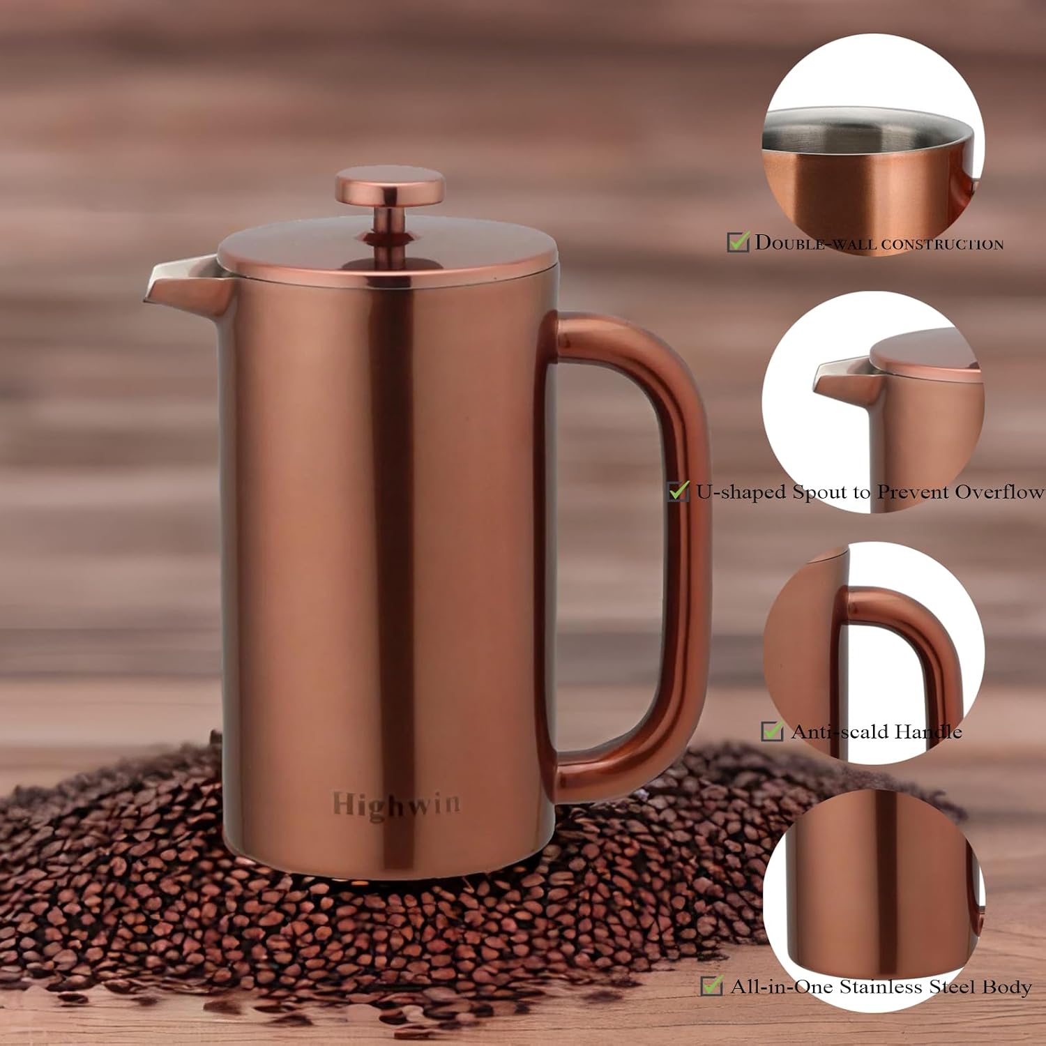 8-Cup Double Wall Insulated Stainless Steel French Coffee Press, 32-Ounce Durable Coffee Tea Maker with Stainless Steel Plunger, Copper