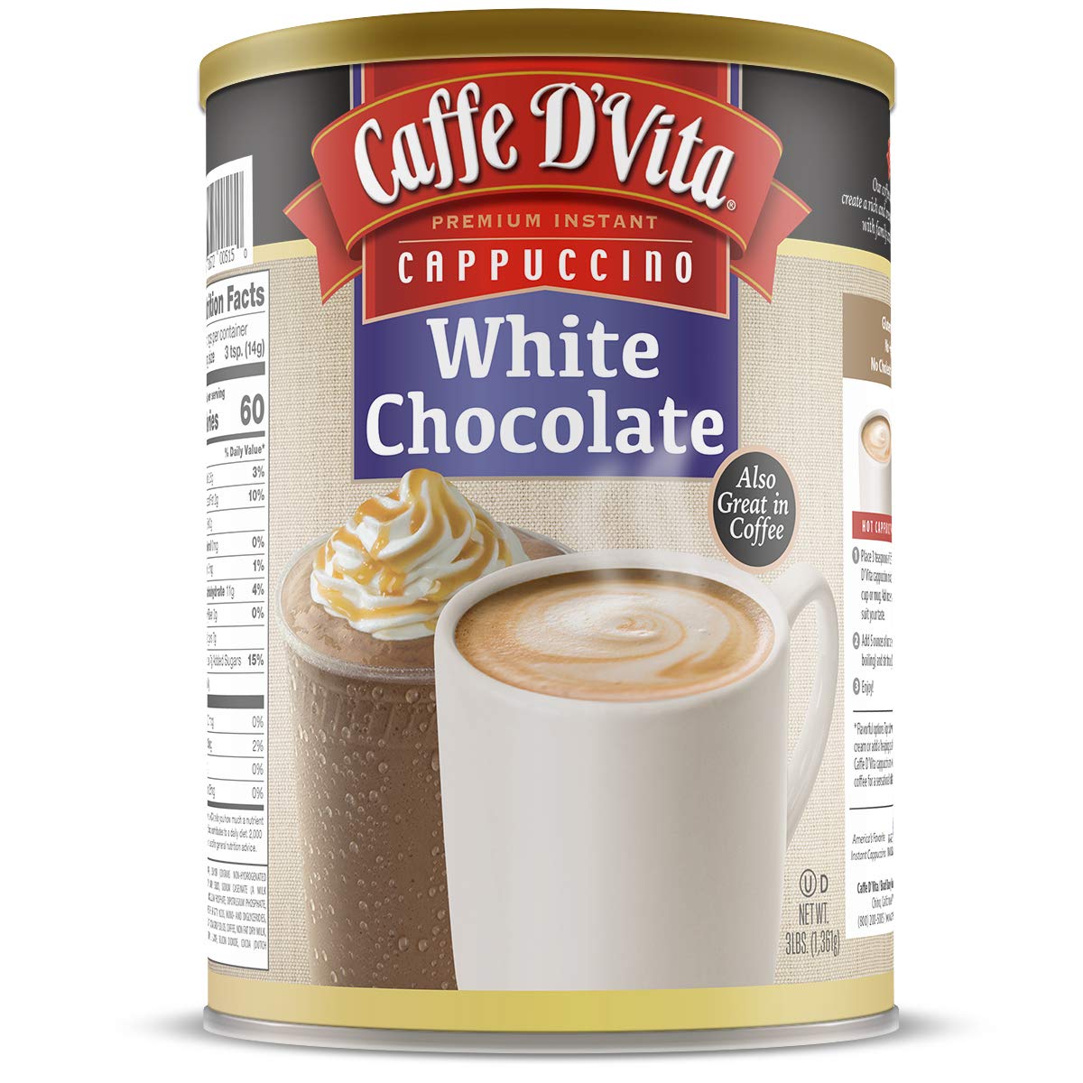 Caffe D'Vita Mocha Cappuccino Mix - 4 lb can (64 oz.) | Instant Cappuccino Mix, Gluten Free, No Cholesterol or Trans Fat, 99% Caffeine Free, Mocha