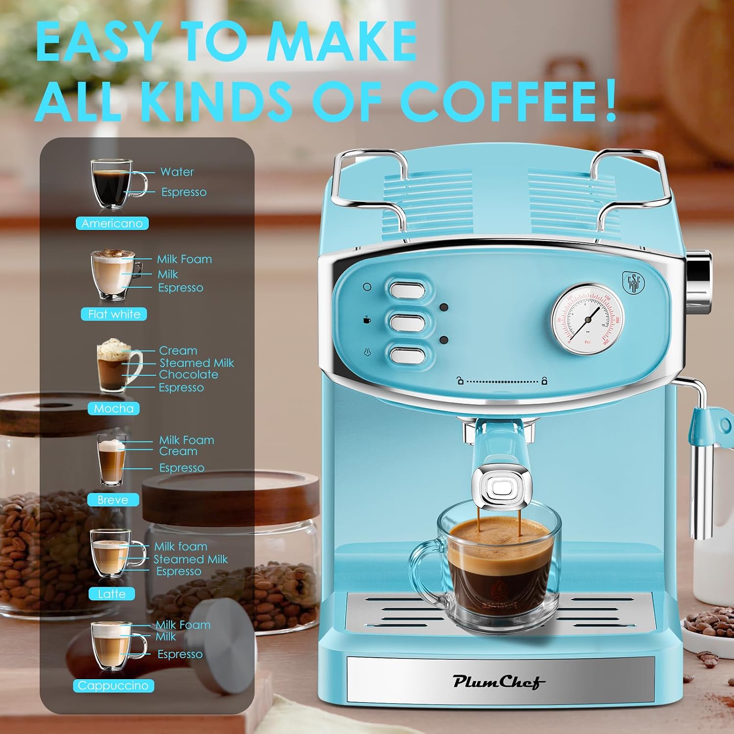 Plum chef Espresso Machine 20 Bar, Household Coffee Maker with Milk Frother Steam Wand, Pressure Gauge, 54oz Large Water Tank, Low Noise Fast Brew for Cappuccino Latte Macchiato Home Office