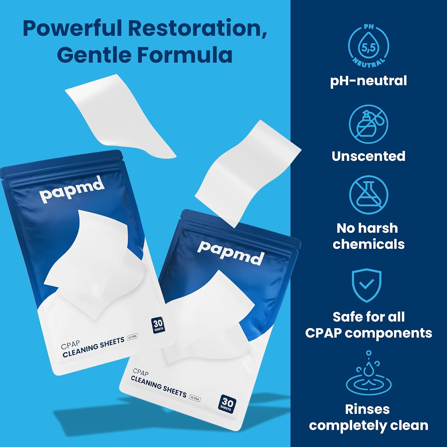 PAPMD CPAP Dissolvable Cleaning Sheets Pro, Light-Moderate Buildup | 30 PCS | Unscented & Dissolvable CPAP cleaning supplies for mask, hose & chamber. Unscented soak & rinse — no scrubbing, no residue.