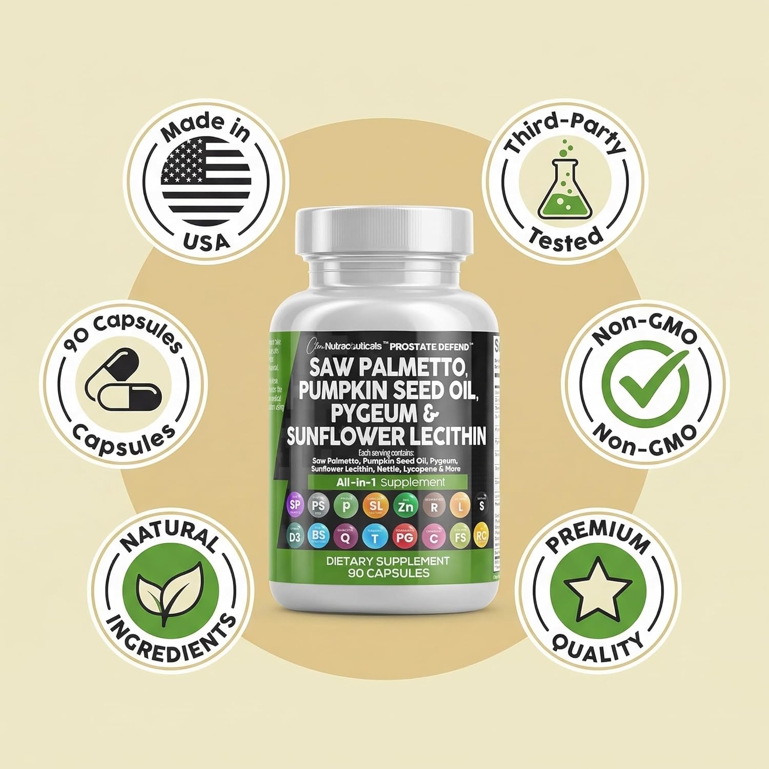 Clean Nutraceuticals Saw Palmetto Pumpkin Seed Oil Pygeum Sunflower Lecithin Stinging Nettle Cranberry - Prostate Supplements for Men with Lycopene
