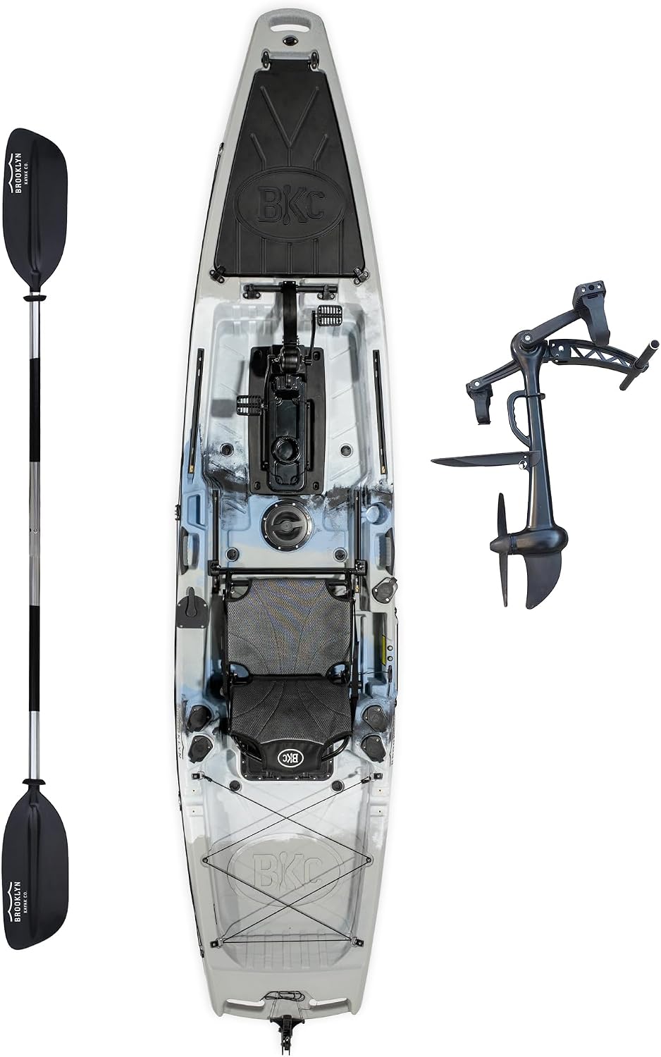 BKC Brooklyn 12.5 Pro Pedal Fishing Kayak, Propeller Drive | Hands-free propeller drive, rudder steering, 550 lb capacity, dry storage, rod holders, 12.5 ft sit-on-top hull