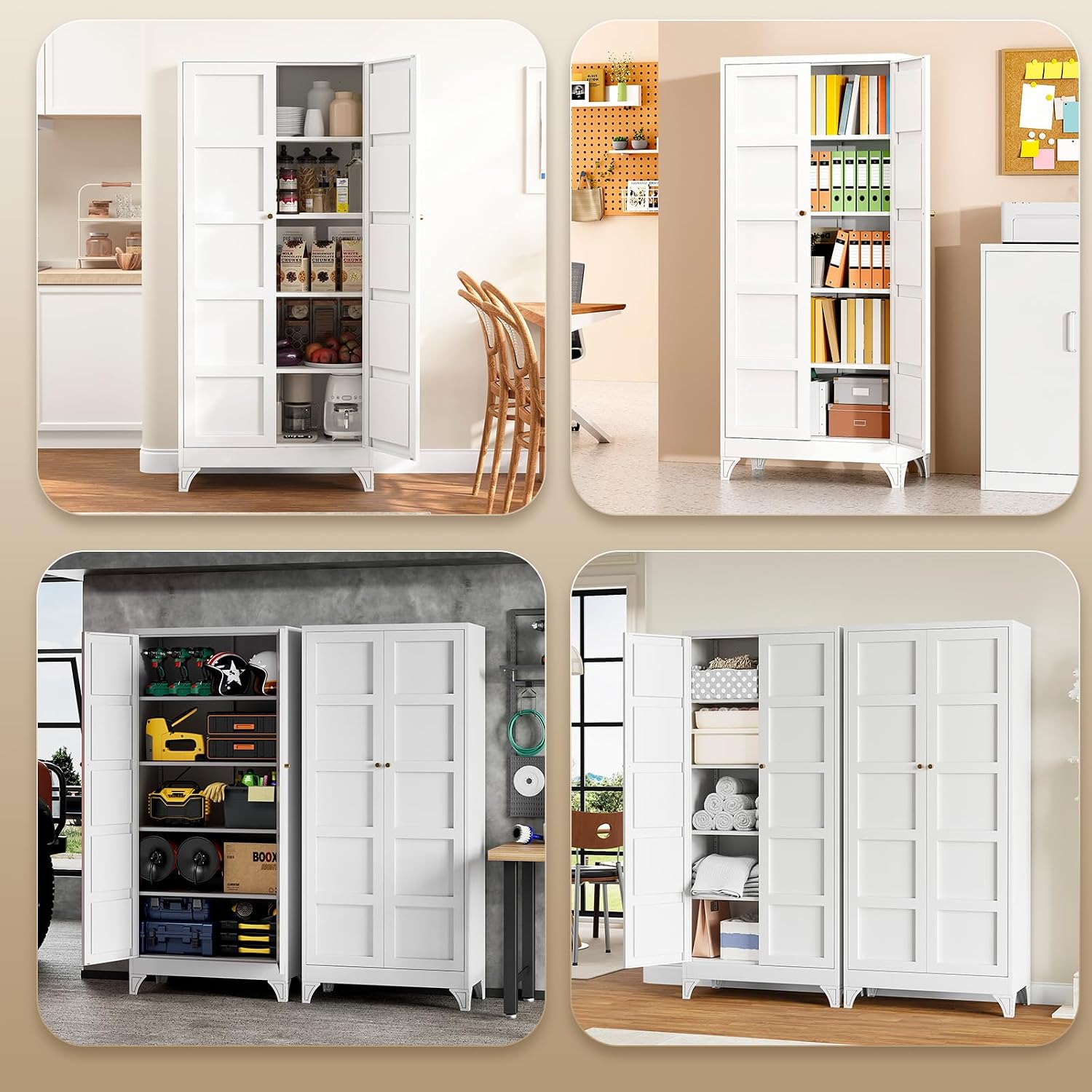 Metal Storage Cabinet with 2 Doors and 4 Adjustable Shelves - 61" White Kitchen Pantry Storage 5-Tier Tall Steel Cabinets Locker for Kitchen, Living Room, Dining Room