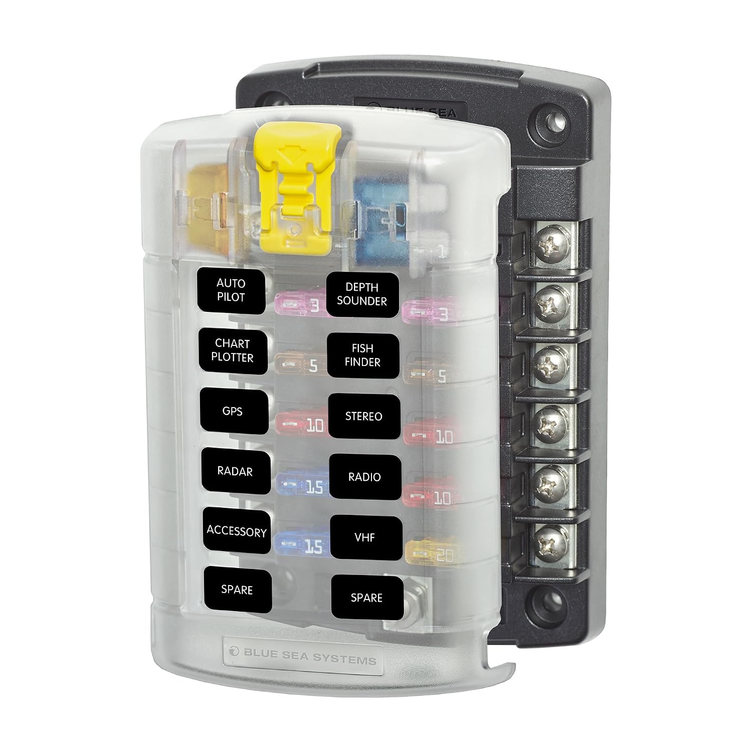 Blue Sea Systems ST Blade Fuse Block 6 Way Circuits with Negative Bus and Cover, 100 Amps, 5025