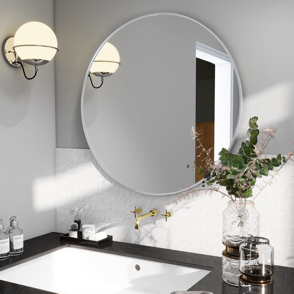 BEAUTYPEAK 24 Inch Round Mirror, Metal Frame Circle Mirror, White