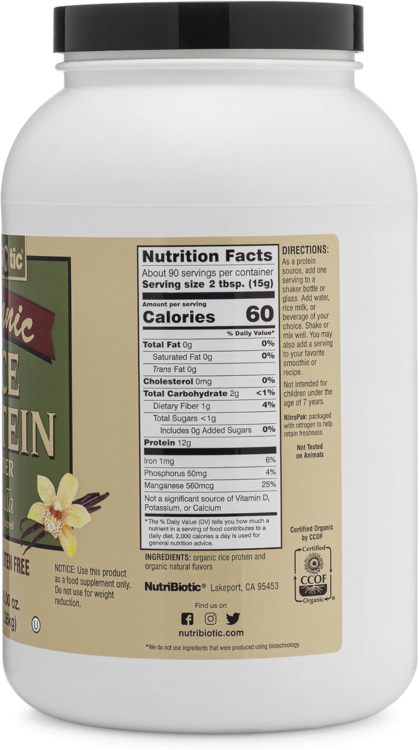 NutriBiotic Certified Organic Rice Protein Vanilla, 3 Lb. | Low Carbohydrate Vegan Protein Powder | Raw, Certified Kosher & Keto Friendly | Made Without Chemicals, GMOs & Gluten | Easy to Digest