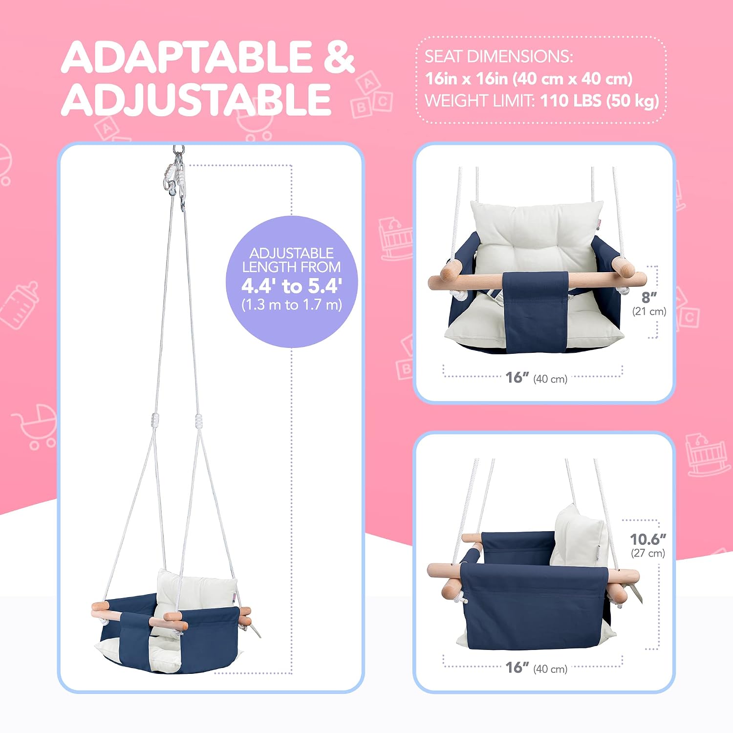 CaTeam Canvas Baby Swing Seat with 5-Point Safety Belt — Wooden Hanging Toddler Swing, Indoor & Outdoor, Ages 1-4, Ceiling Mount Hardware Included