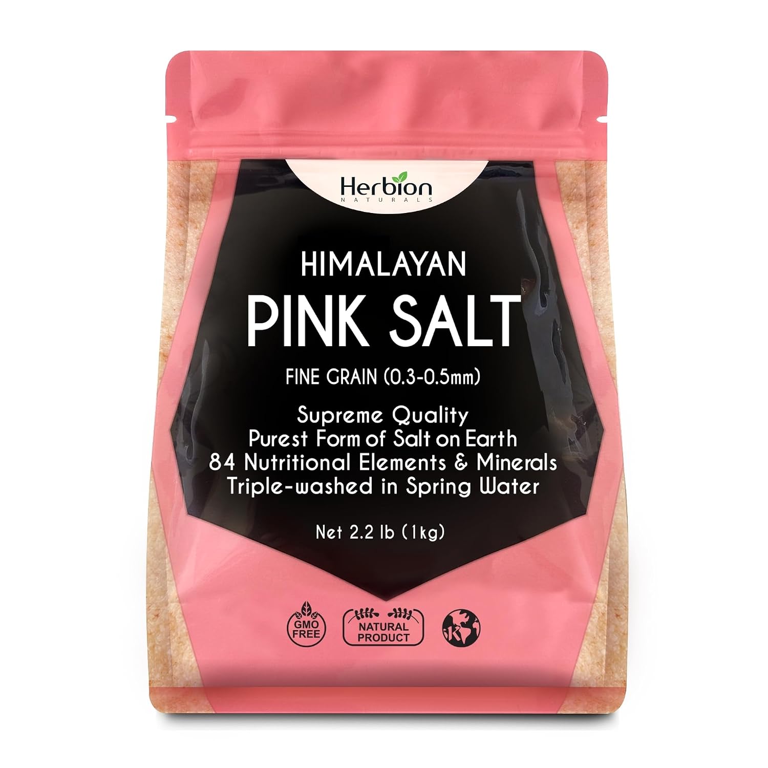 HERBION Naturals Himalayan Pink Salt Jar Fine Grain, GMO Free, Supreme Quality Chemical Free, Vegan, Kosher Certified, Fine Grain All Natural Salt