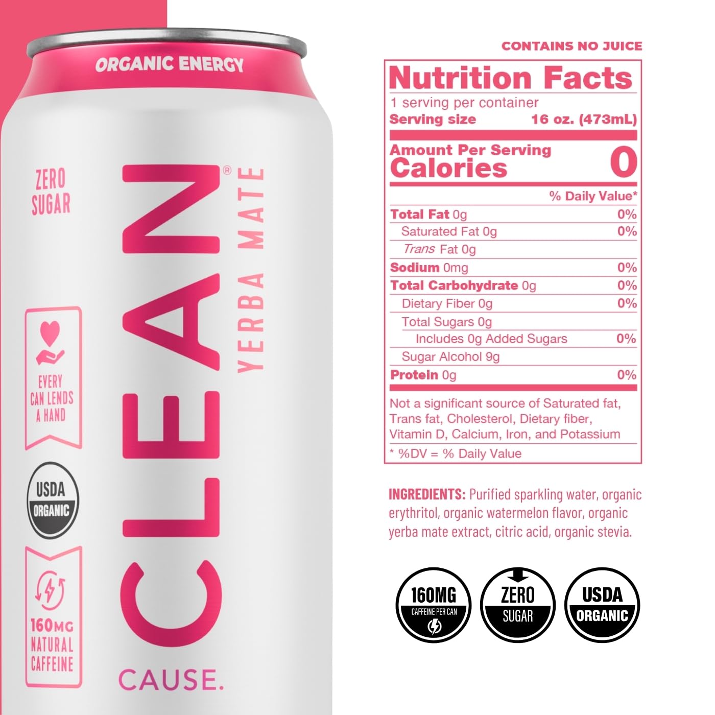 CLEAN Cause Zero Sugar Yerba Mate Organic Energy Orange Ginger, 12Pack 16oz
