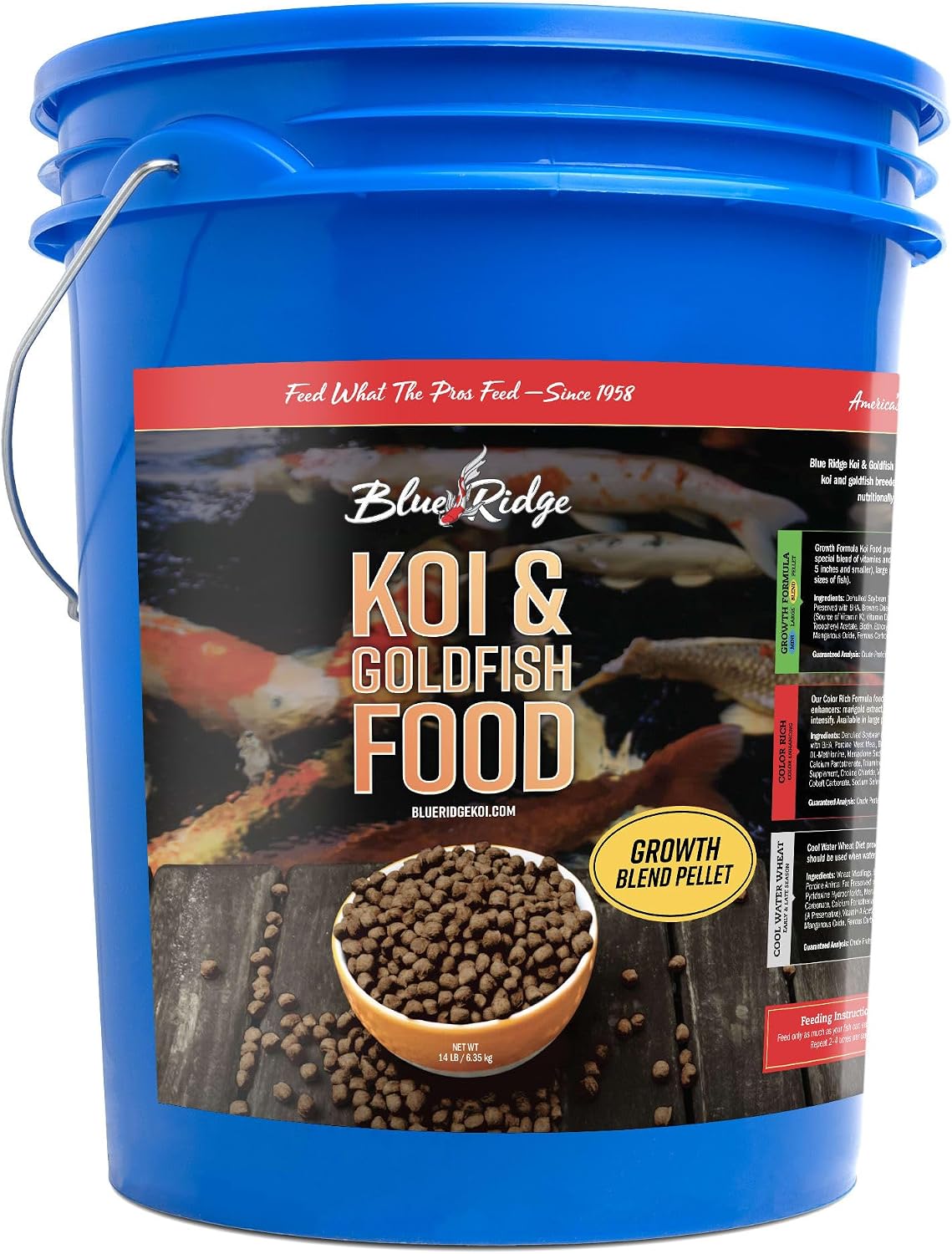 Blue Ridge Koi Fish Food 2lb - Koi Food 3/16” Large and Mini Blend Growth Formula, Goldfish Food, Premium Fish Food for Ponds, Ponds Fish Food, Floating Pond Pellets